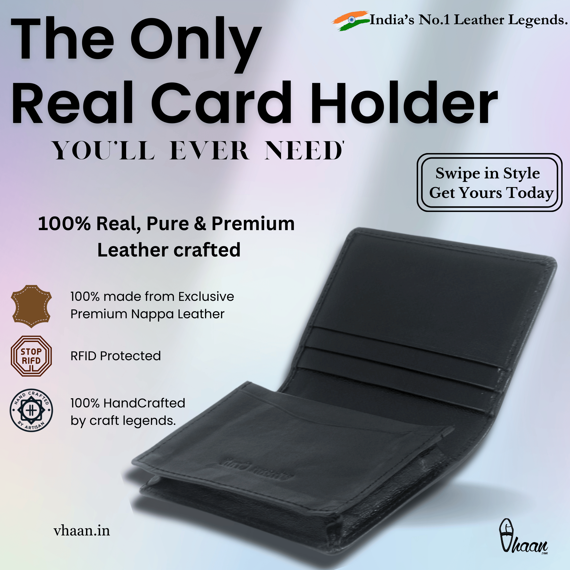 Premium Leather Card Holder with Protective Cover by Vhaan - Black