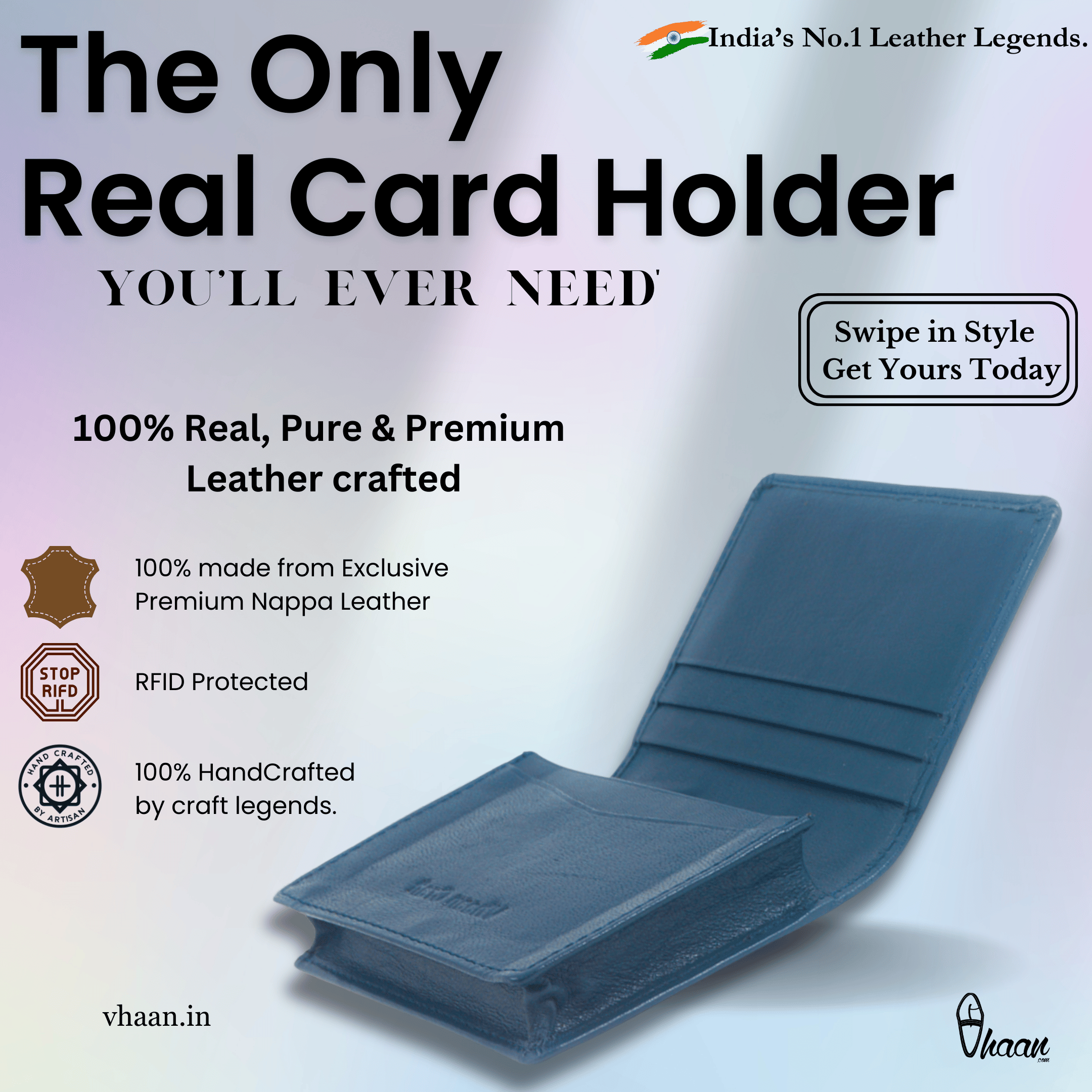Premium Leather Card Holder with Protective Cover by Vhaan - Blue