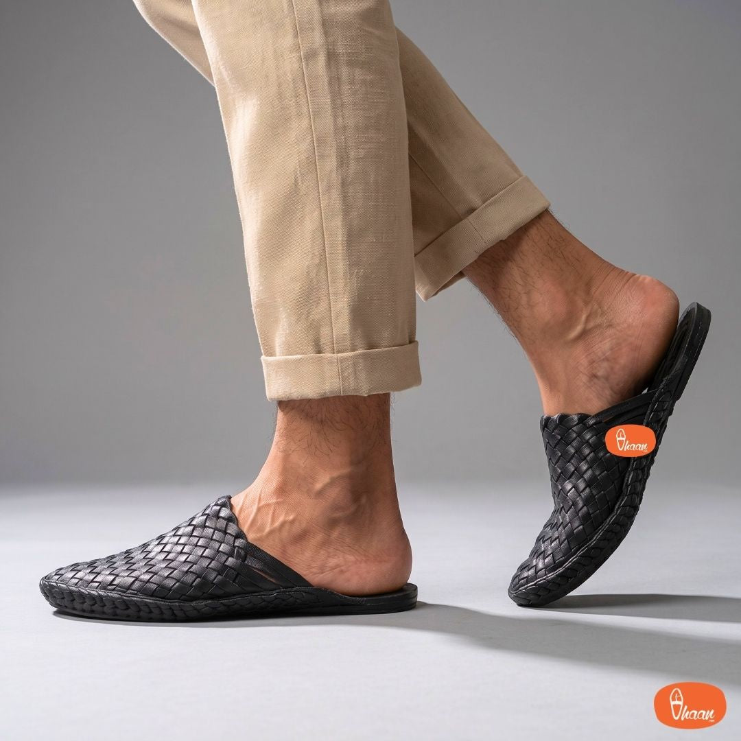 Black Color Handstitched Half Net Slip-on Kolhapuri Chappal For Men