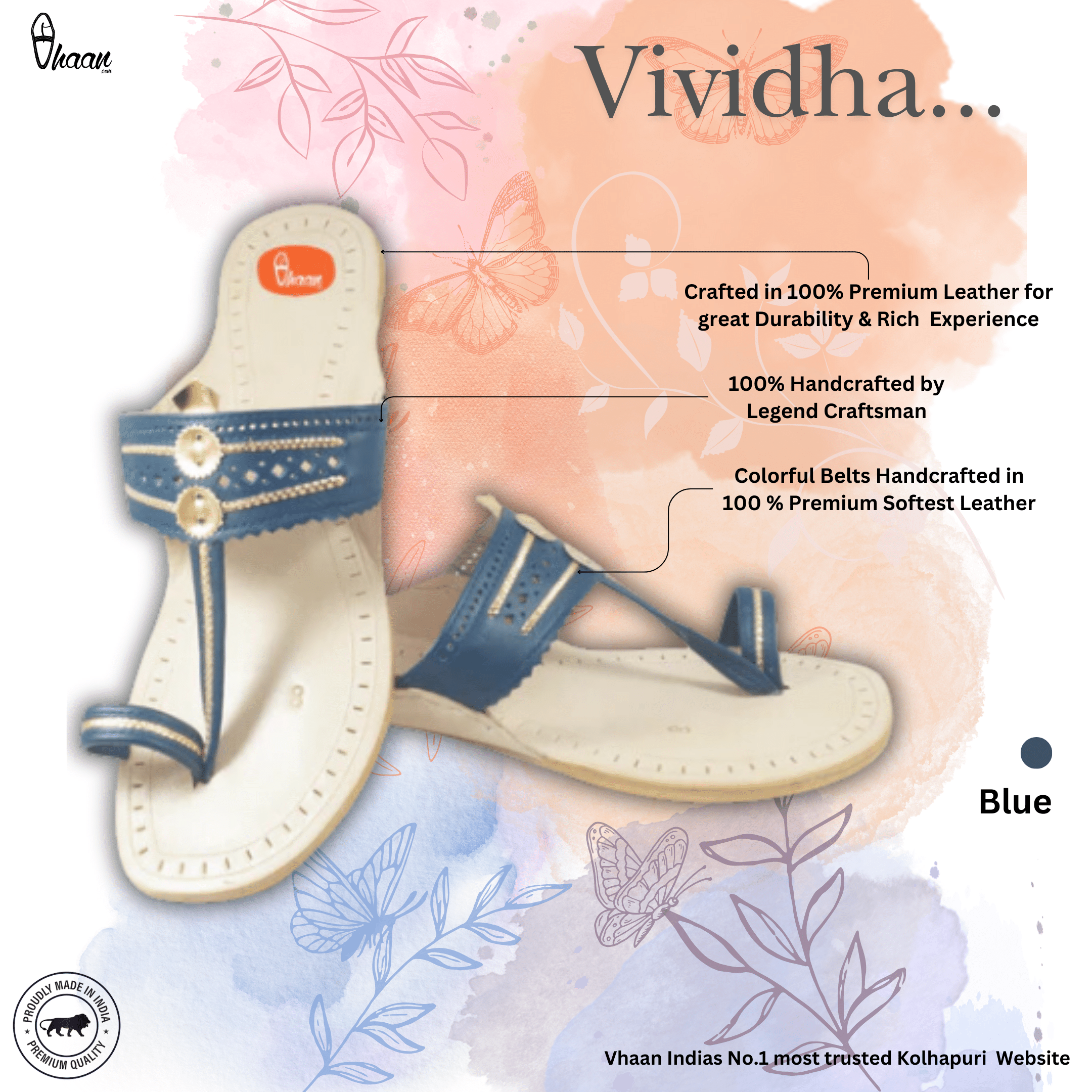 Blue Color Pure Leather Ladies Kolhapuri by Vhaan