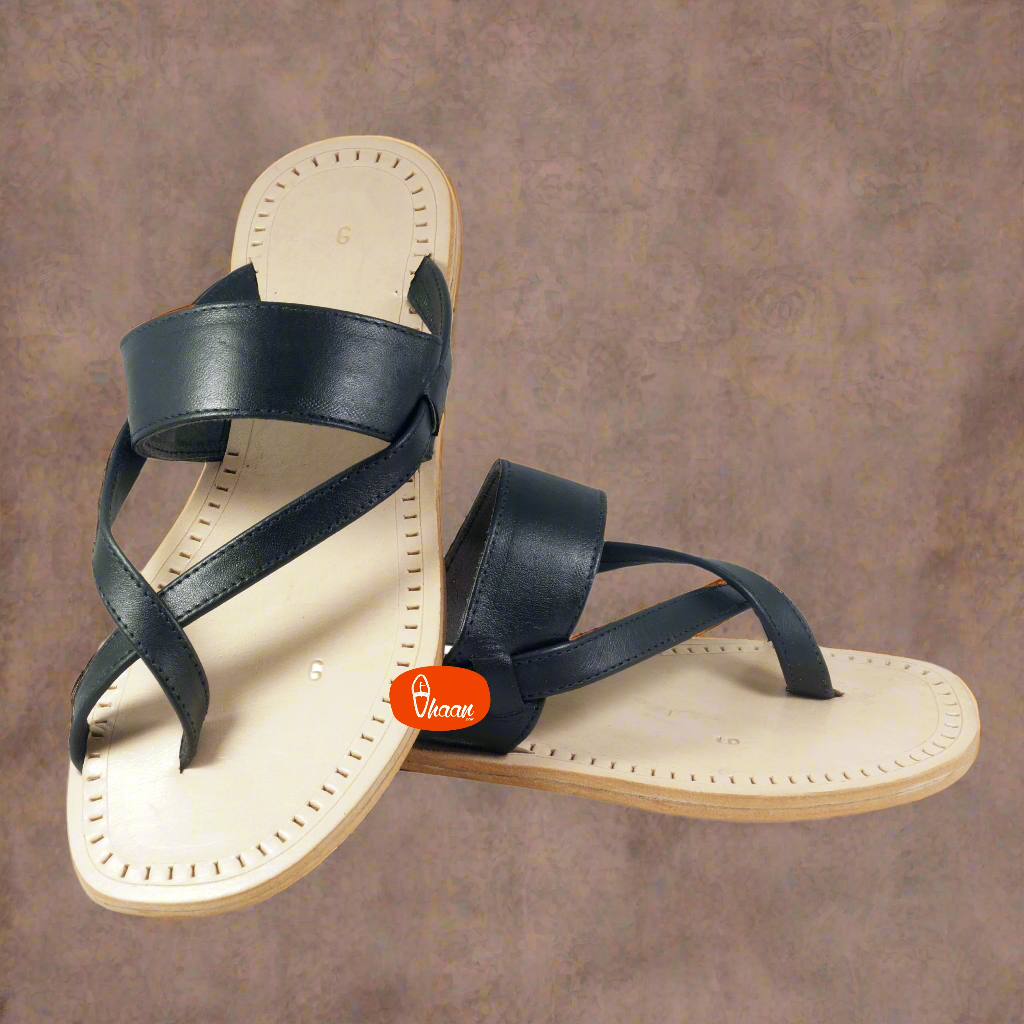 Double wadi Gandhi Design Pure Leather Black Color Soft Kolhapuri for men