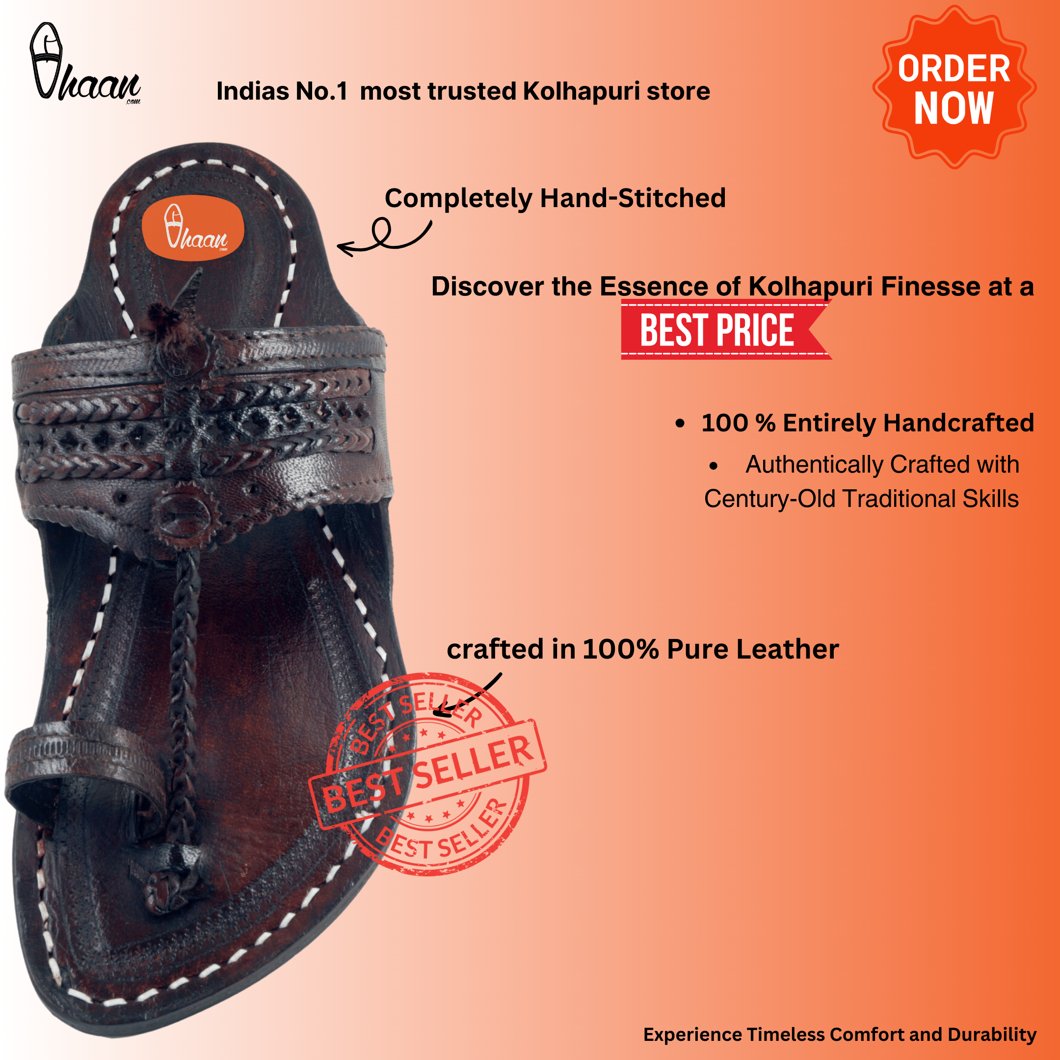 Single wadi Dark Brown Pure Leather Kapashi Kolhapuri Chappal For Men | Vhaan