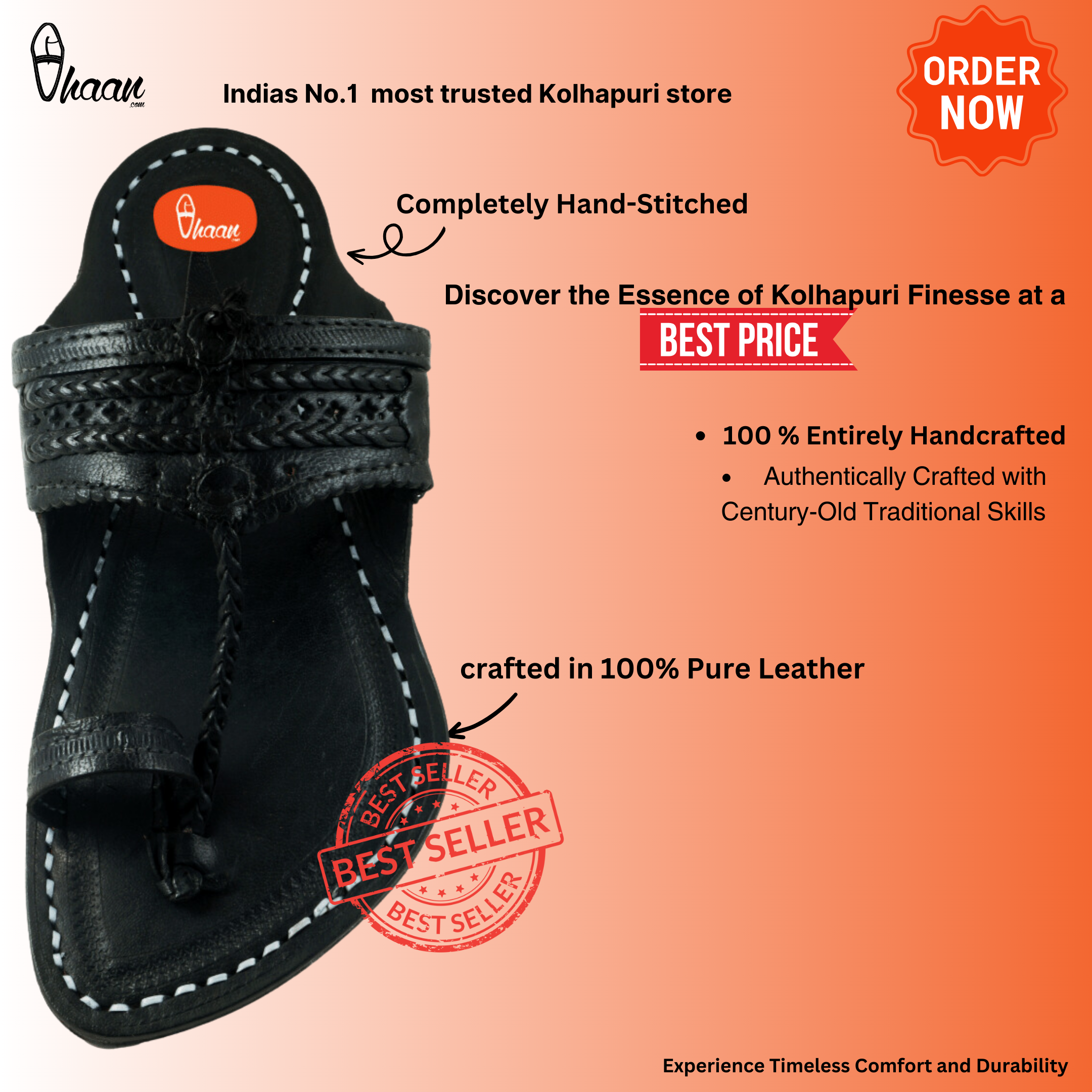 Single wadi Dark Black Pure Leather Kapashi Kolhapuri Chappal For Men | Vhaan