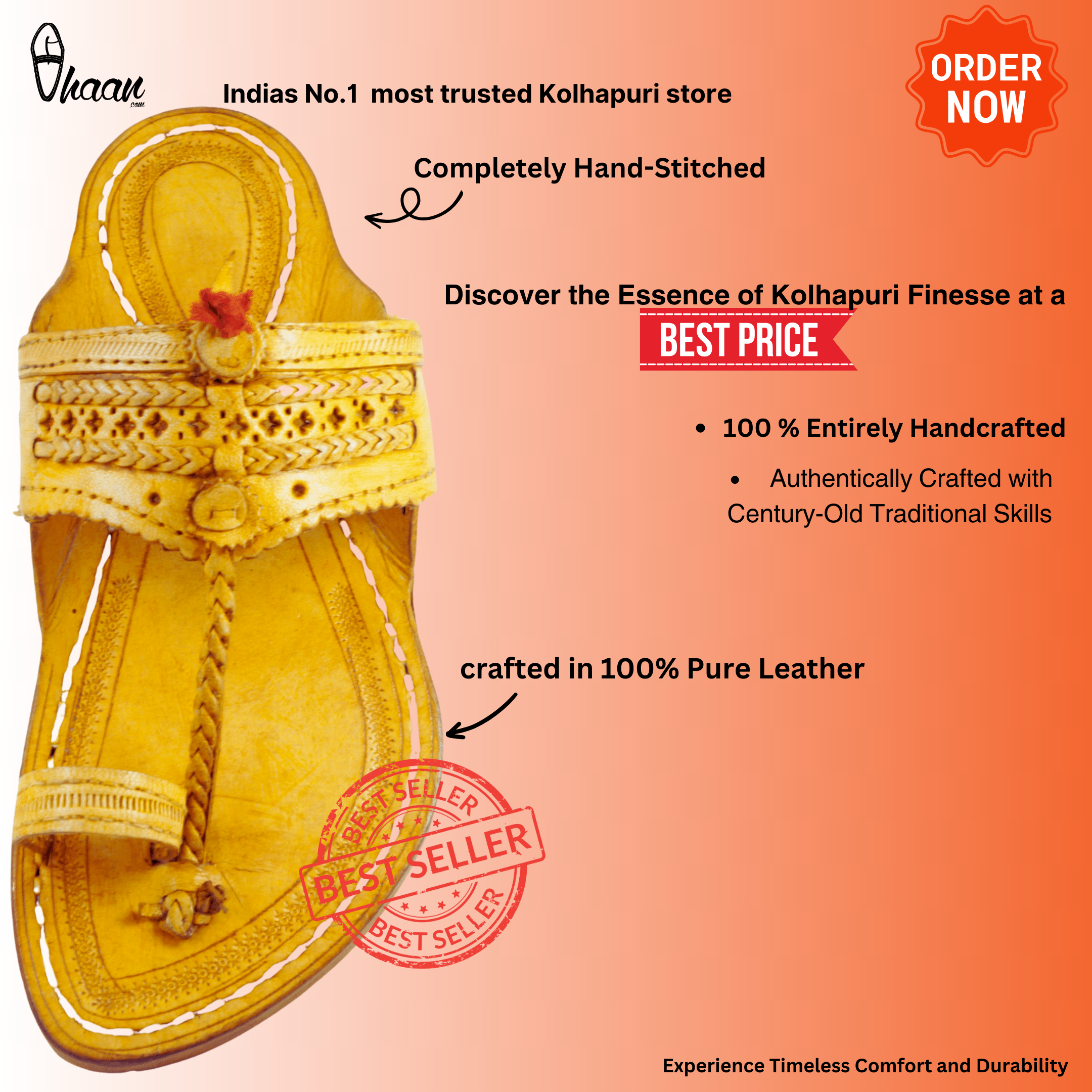 Shop Yellow Leather Single wadi Kapashi kolhapuri chappal for Men