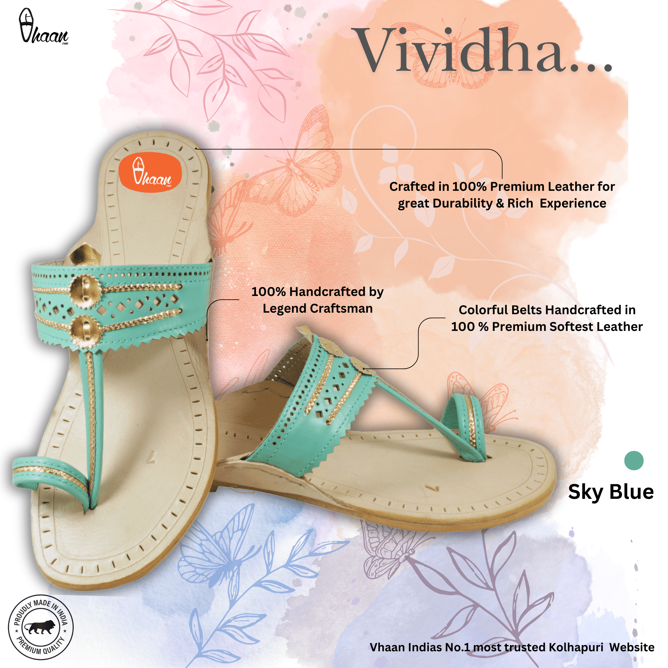 Sky Blue Pure Leather Ladies Kolhapuri by Vhaan