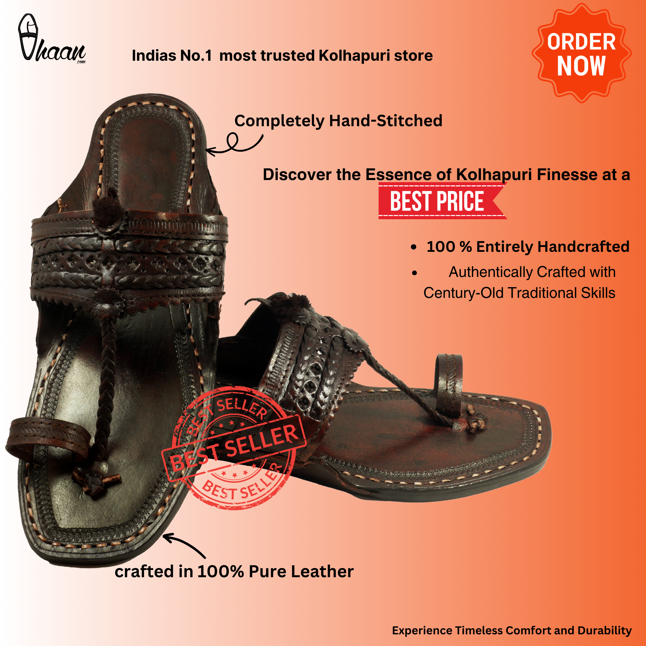 Original Dark Brown Pure Leather Moja shape Handstitched Kolhapuri Chappal For Men | Vhaan
