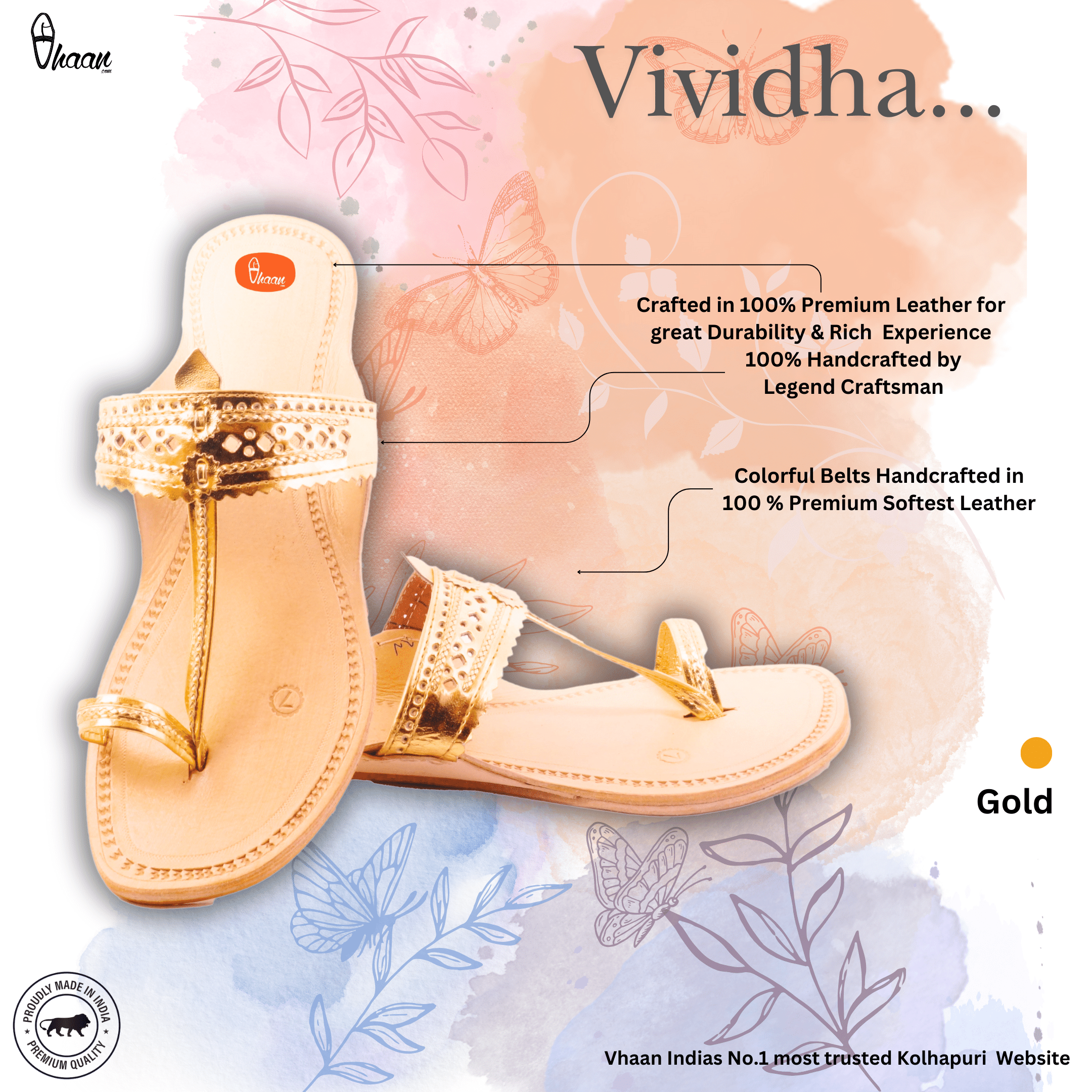 Golden Color Ladies Highest Quality Leather Ladies Kolhapuri Chappal