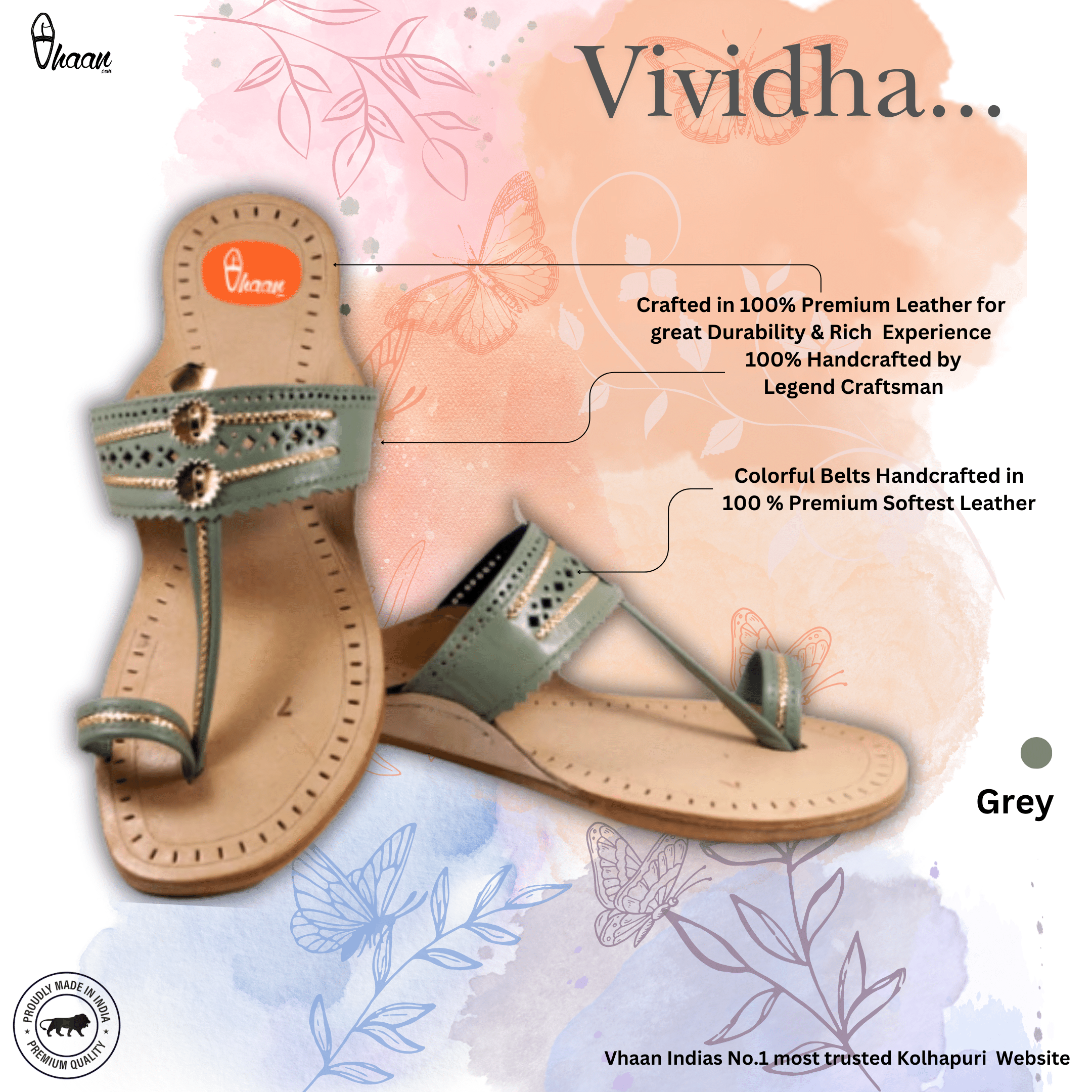 Flat Ladies Kolhapuri Chappal- Grey Vhaan