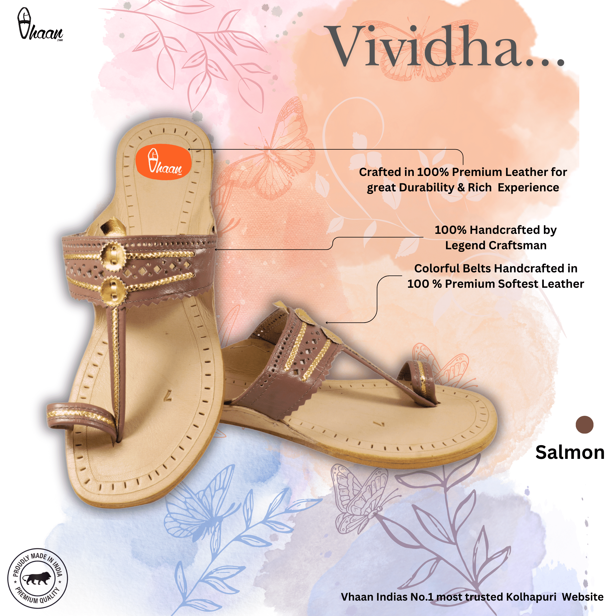 Deep Salmon Color  Pure Leather Ladies Kolhapuri by Vhaan