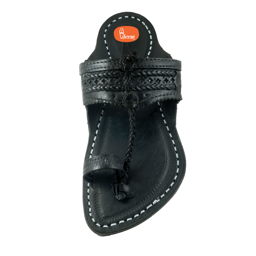 Single wadi Dark Black Pure Leather Kapashi Kolhapuri Chappal For Men | Vhaan