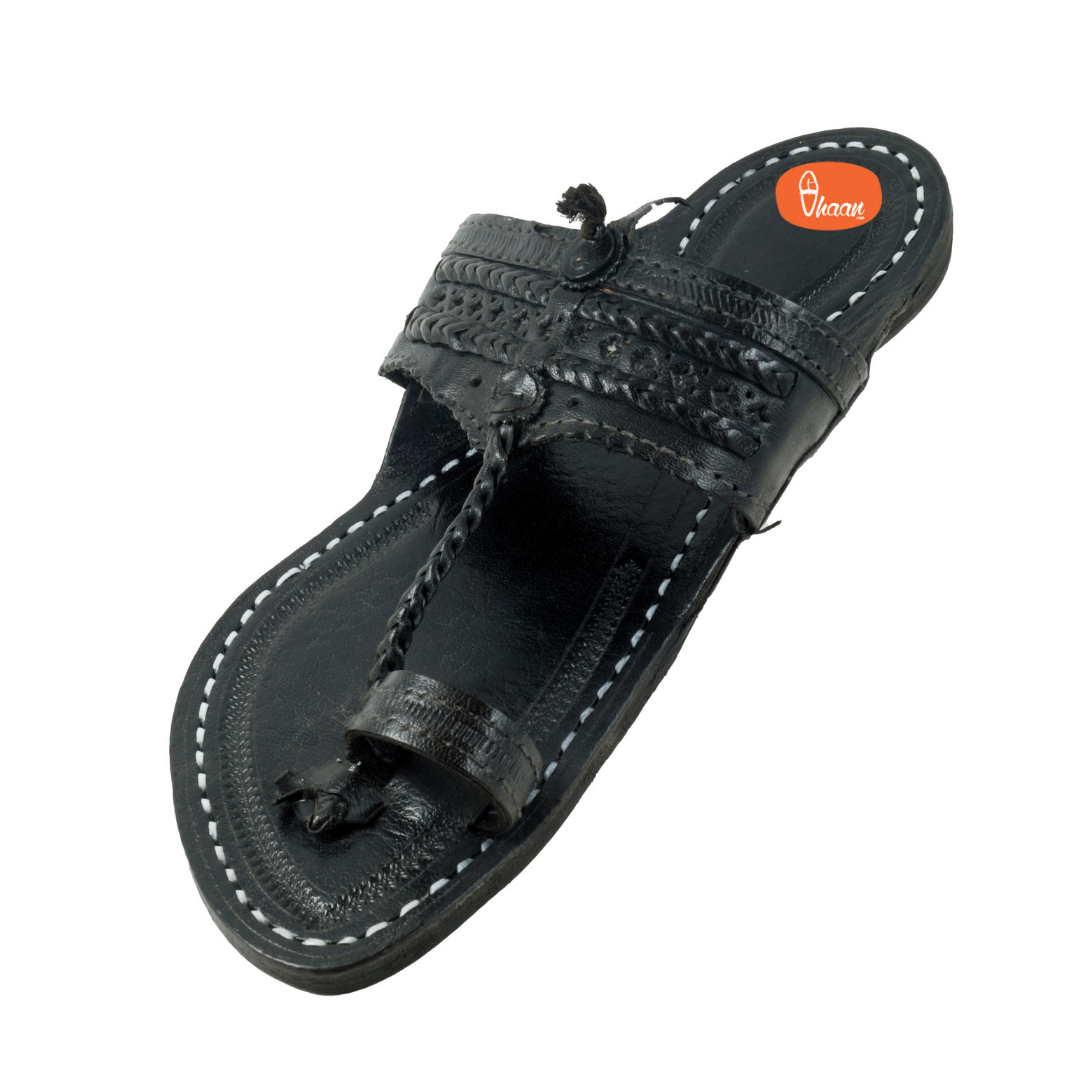 Single wadi Dark Black Pure Leather Kapashi Kolhapuri Chappal For Men | Vhaan