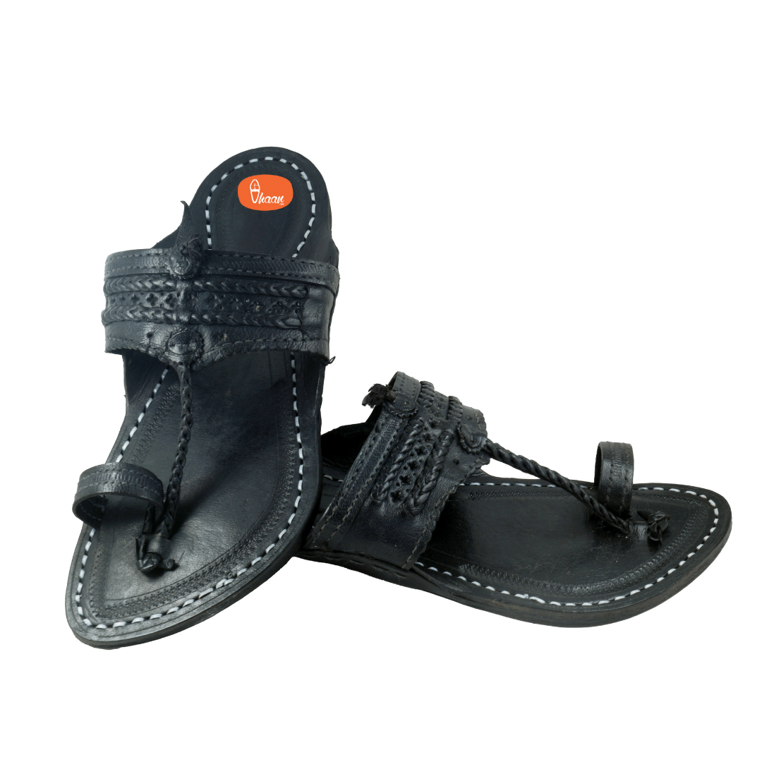 Single wadi Dark Black Pure Leather Kapashi Kolhapuri Chappal For Men | Vhaan