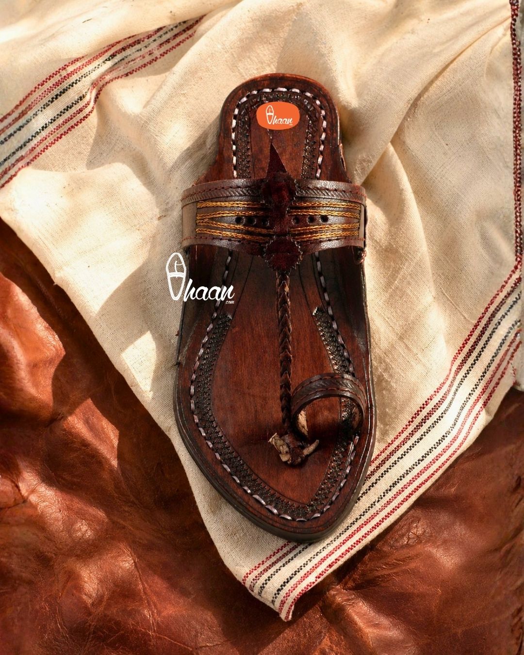 Golden Weni Red Gonda Dark Brown Ladies Kolhapuri Chappal by Vhaan Ethnic Craft