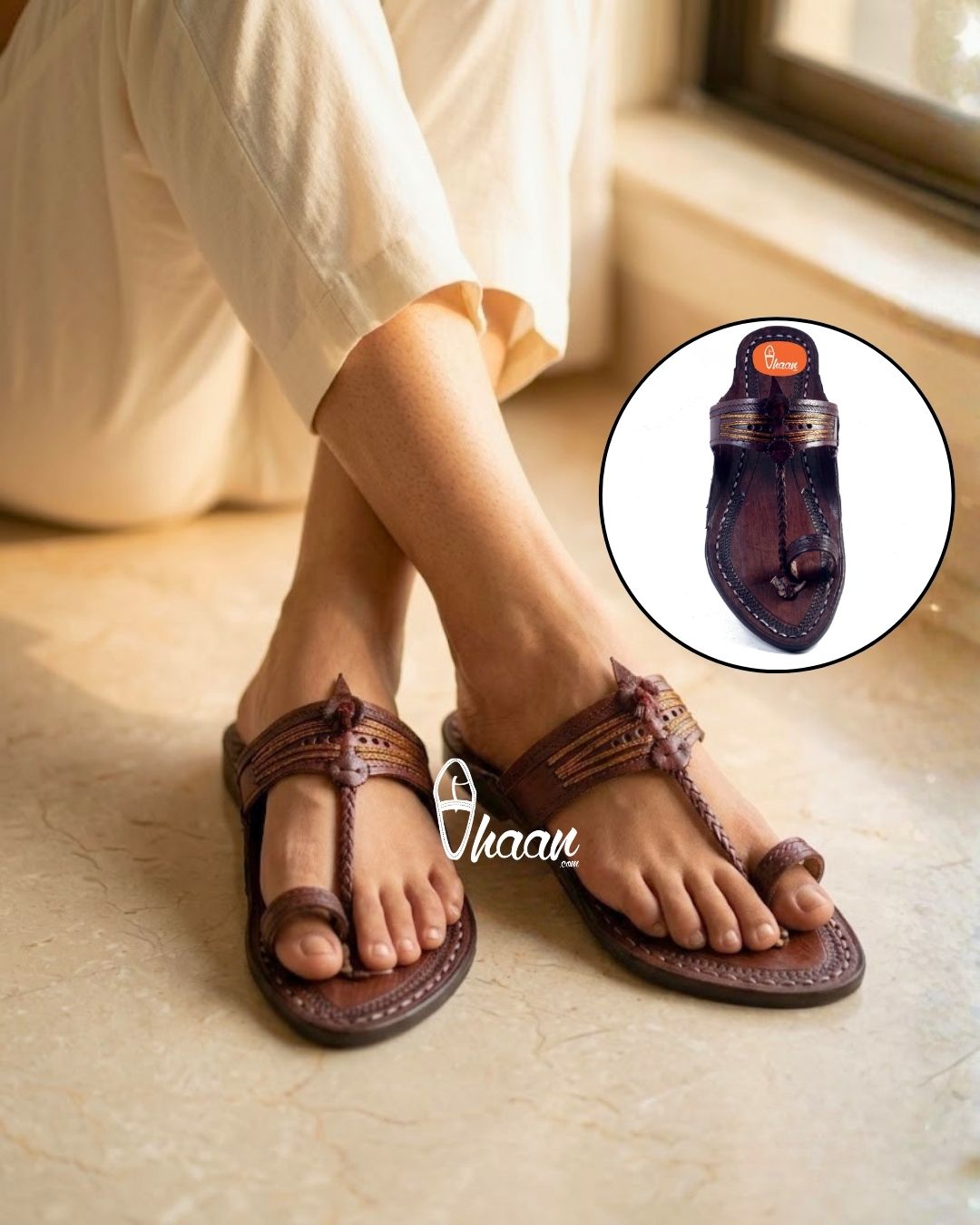 Golden Weni Red Gonda Dark Brown Ladies Kolhapuri Chappal by Vhaan Ethnic Craft
