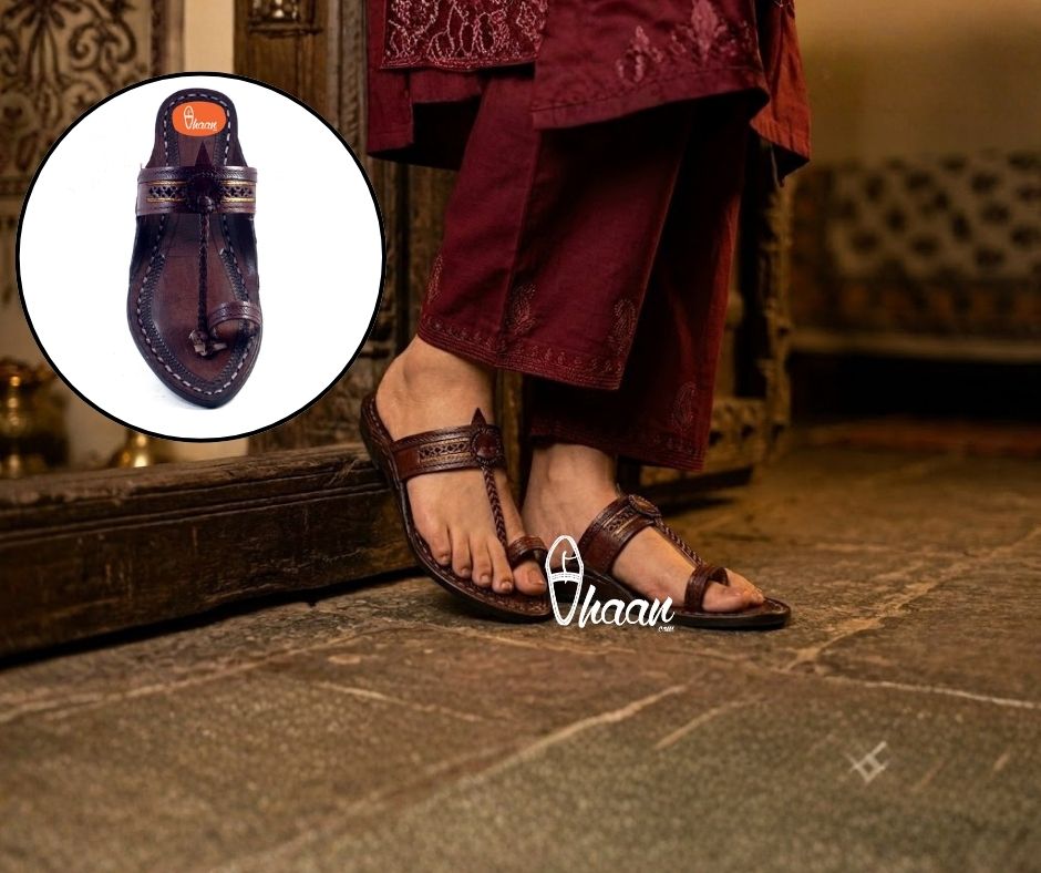 Golden Weni Dark Brown Traditional Ladies Kolhapuri Chappal by Vhaan Ethnic Craft