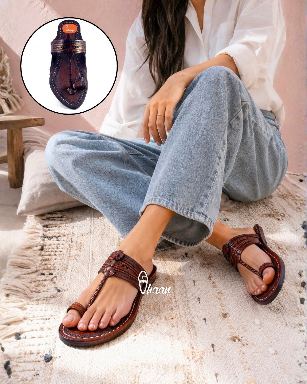 Golden Weni Red Gonda Dark Brown Ladies Kolhapuri Chappal by Vhaan Ethnic Craft