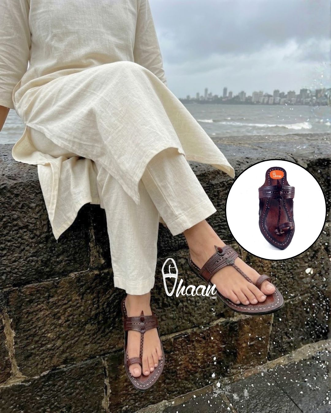 Golden Weni Red Gonda Dark Brown Ladies Kolhapuri Chappal by Vhaan Ethnic Craft