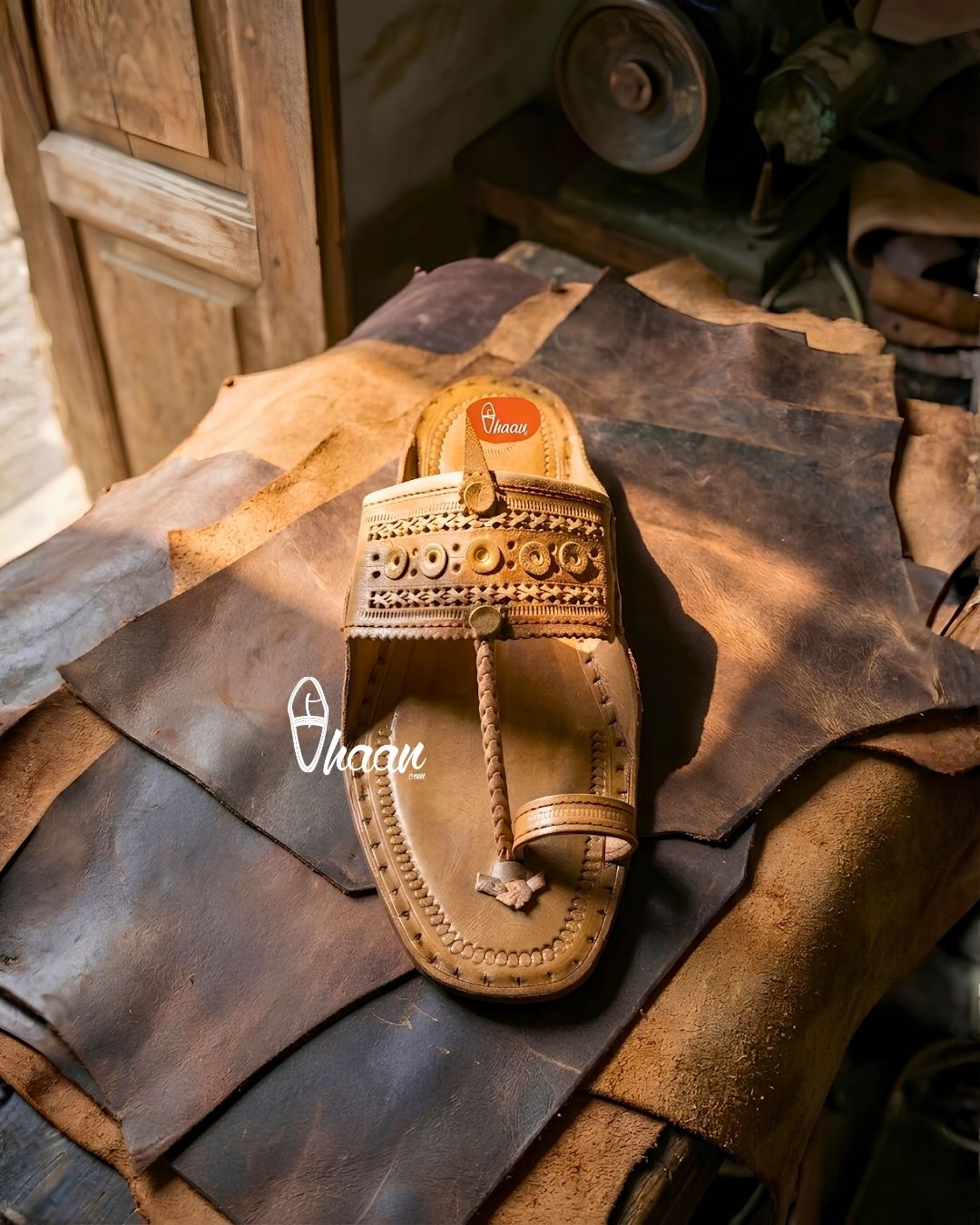 Special Moja T-Shape Broad Kolhapuri Chappal for Men with Barabandi Punch Belt Design by Vhaan Ethnic Craft