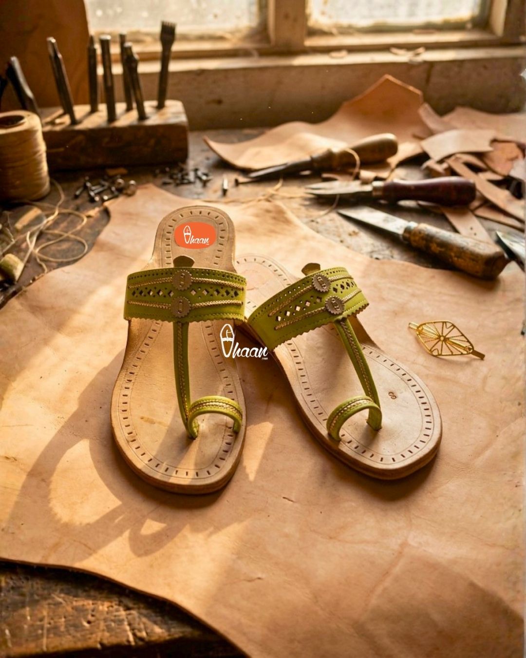 Olive Green Pure Leather Ladies Kolhapuri Chappal by Vhaan Ethnic Craft