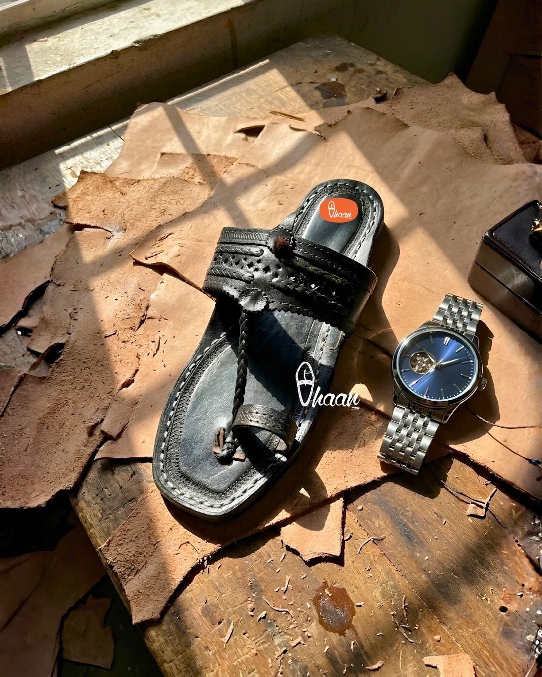 Original Black Pure Leather Moja Shape Handstitched Kolhapuri Chappal for Men by Vhaan Ethnic Craft