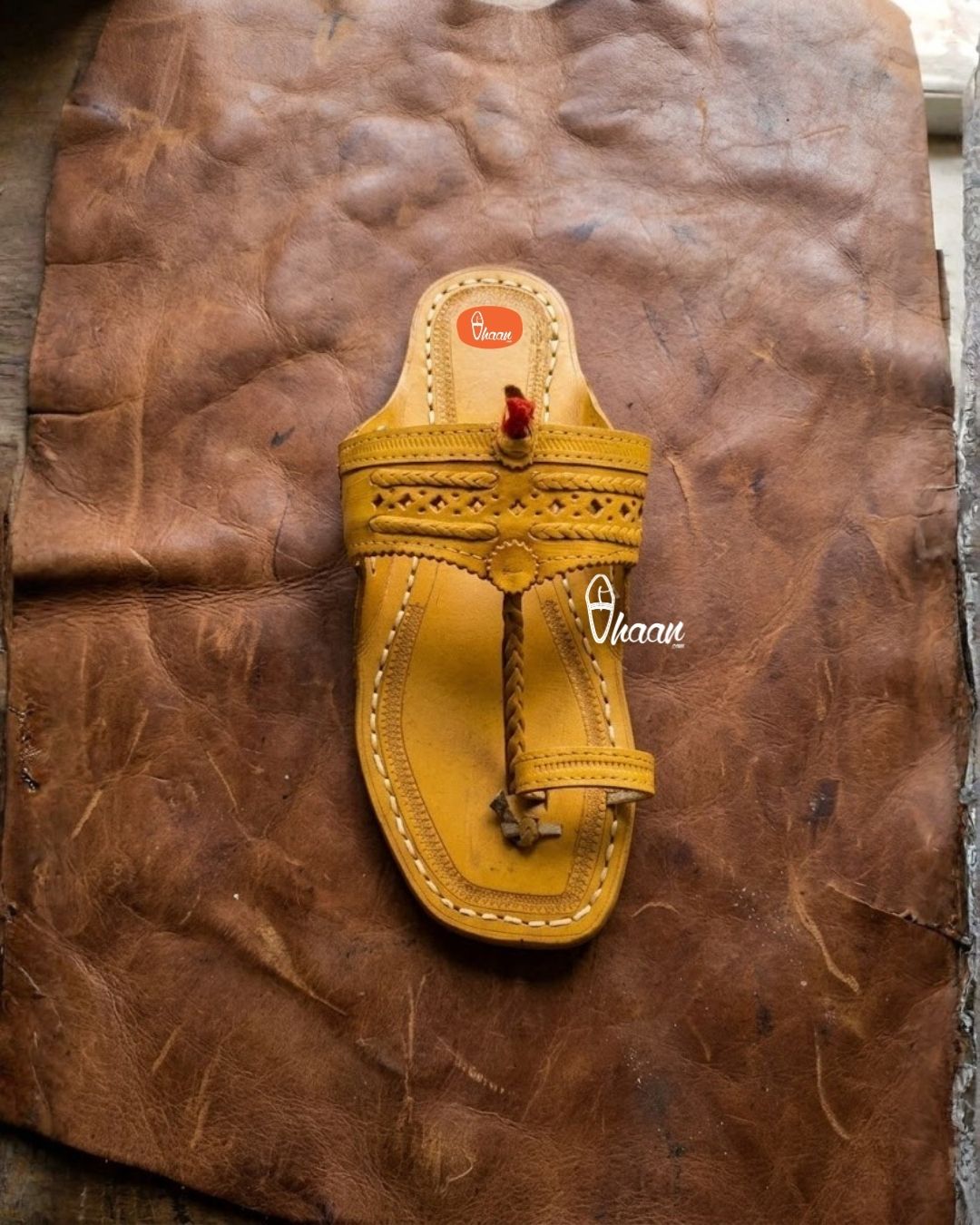 Original Yellow Pure Leather Moja Shape Handstitched Kolhapuri Chappal for Men by Vhaan Ethnic Craft