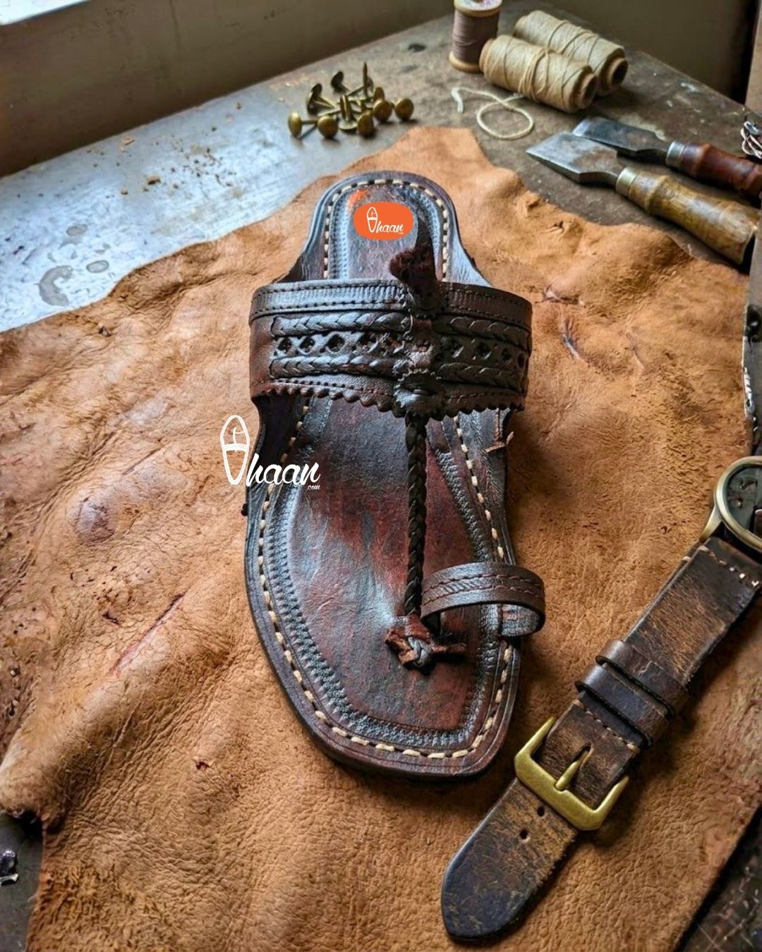 Original Dark Brown Pure Leather Moja Shape Handstitched Kolhapuri Chappal for Men by Vhaan Ethnic Craft