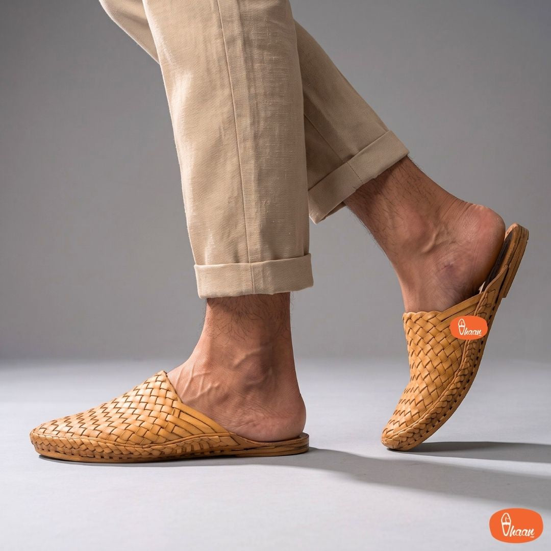 Handmade Pure Leather Ethnic Design Slip On Hand Stitched Net Design For Men