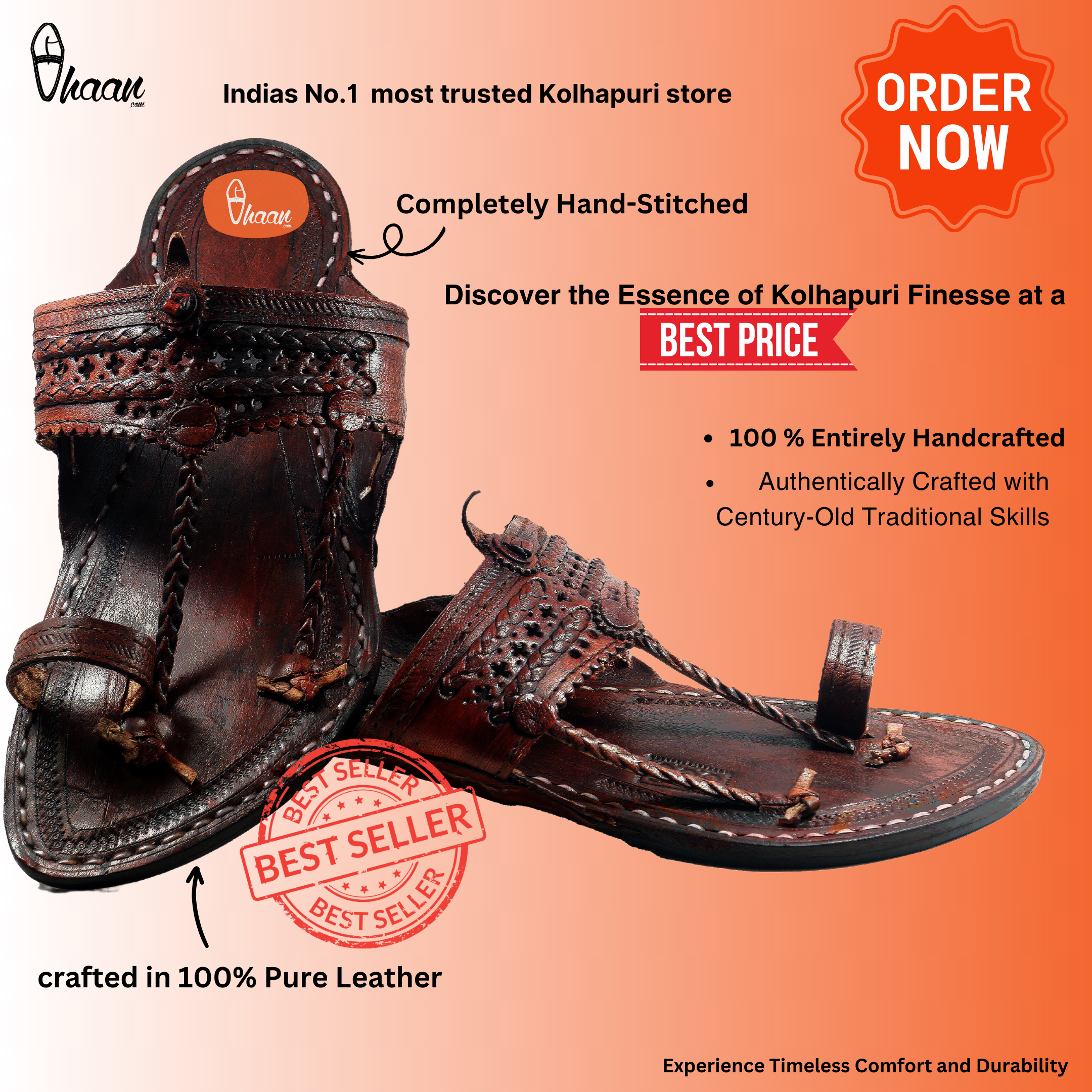 Dark Brown Pure Leather Kapashi Kolhapuri Chappal For Men | Vhaan