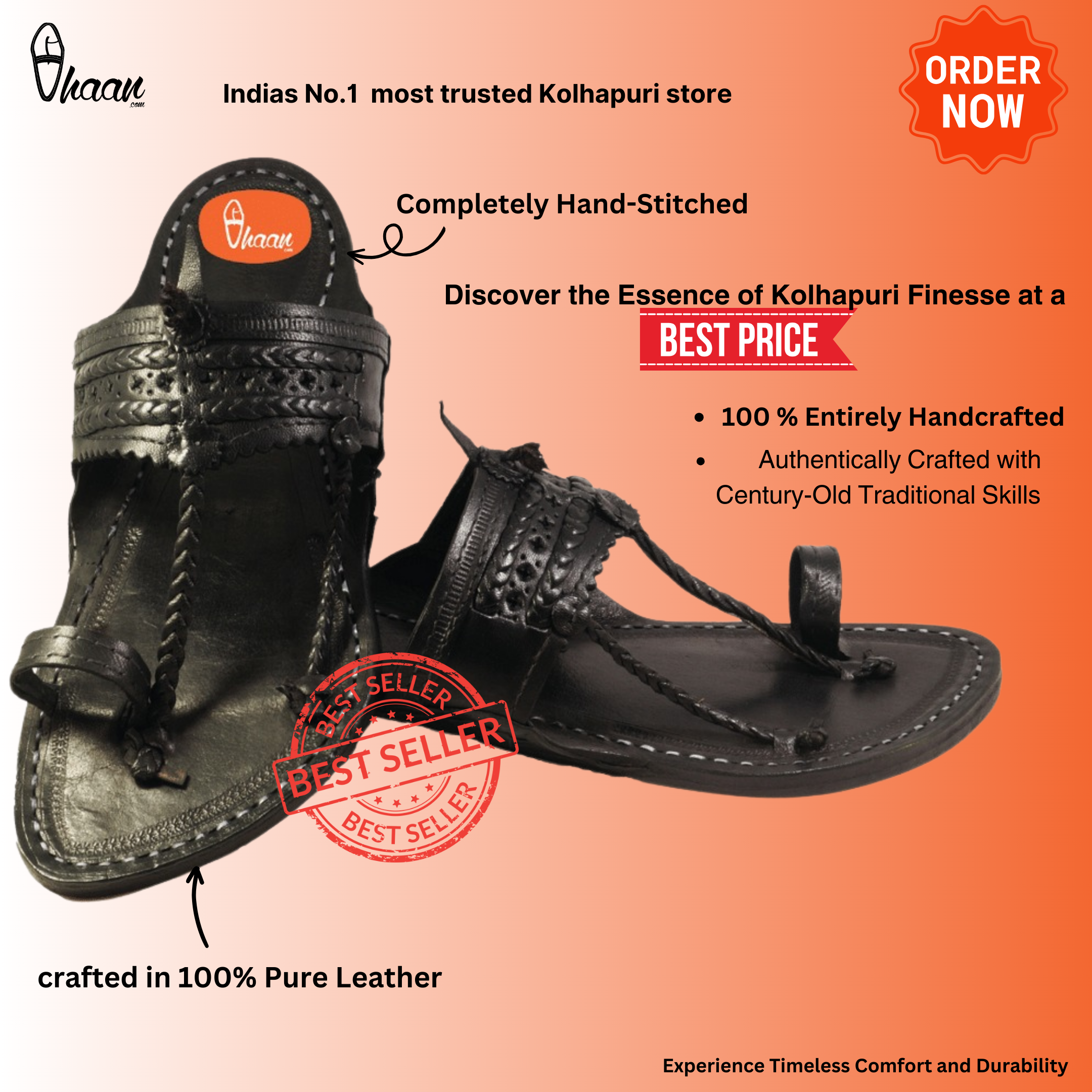 Black Pure Leather Kapashi kolhapuri chappal for Men by Vhaan