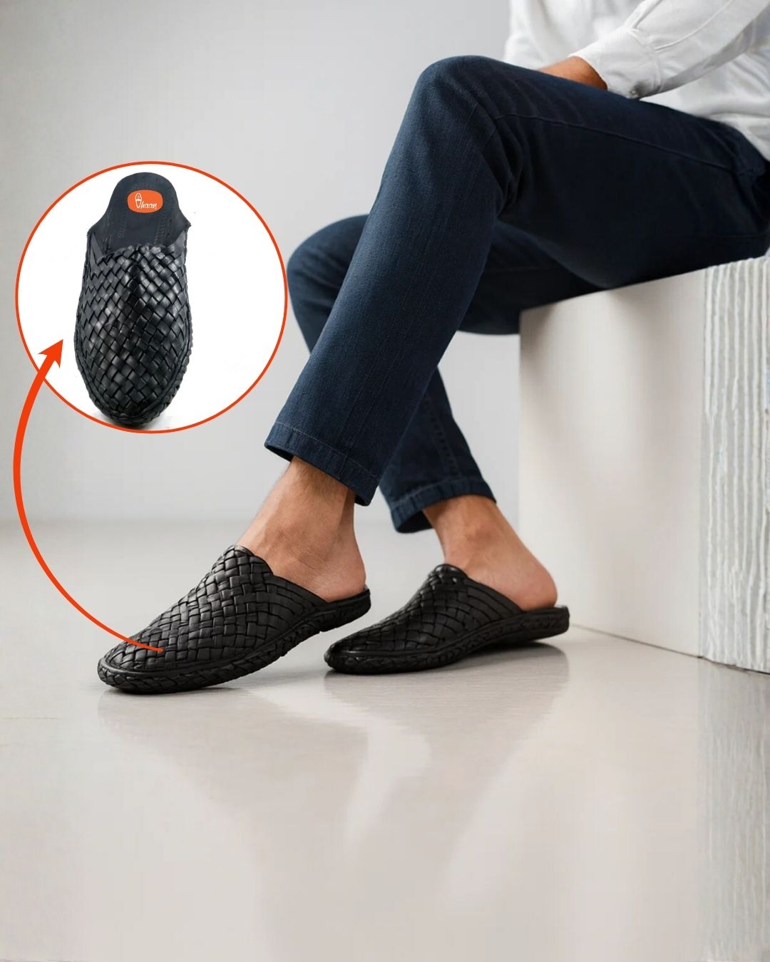 Black Handstitched Half-Net Slip-On Kolhapuri Chappal for Men by Vhaan Ethnic Craft