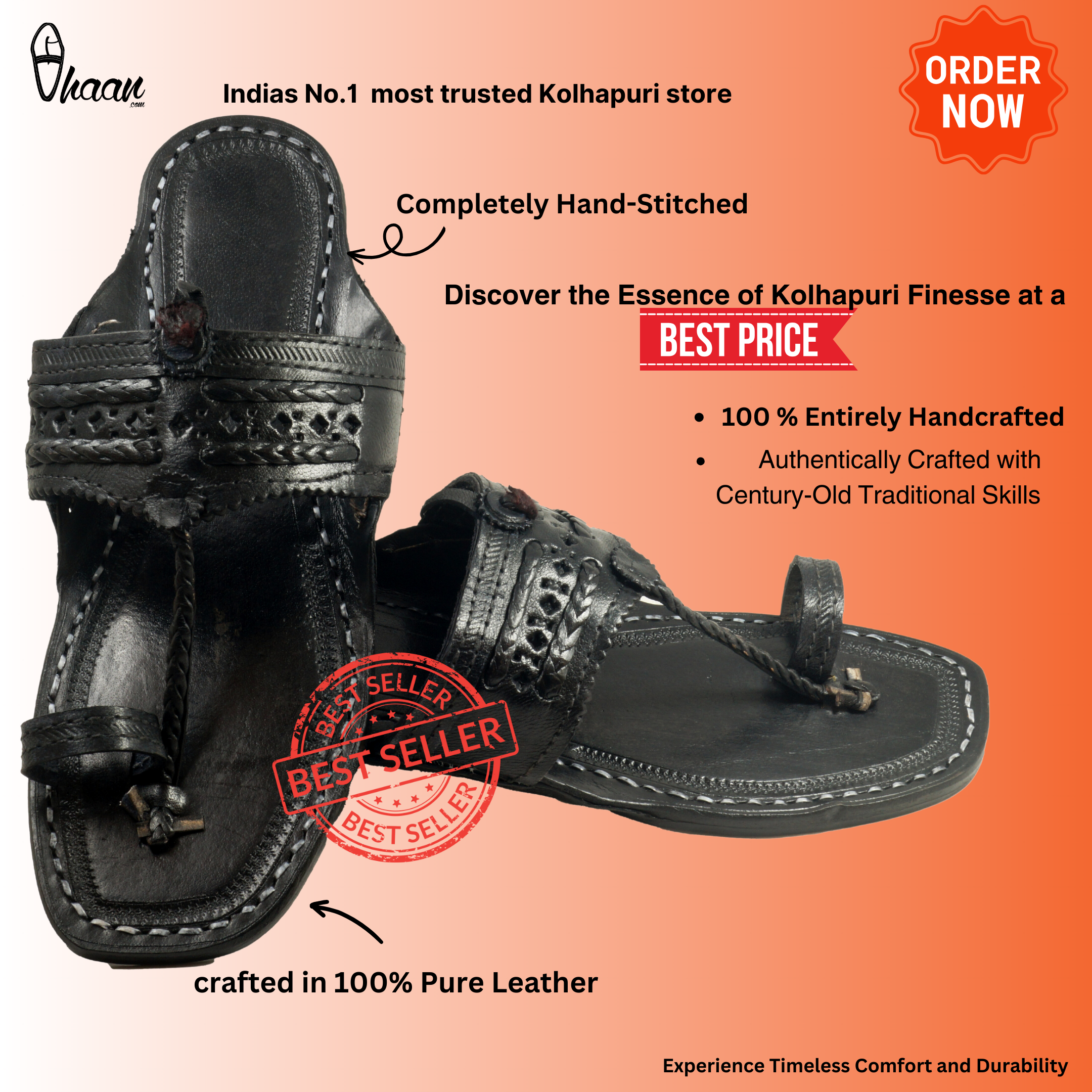 Original Black Pure Leather Moja shape Handstitched Kolhapuri Chappal For Men | Vhaan