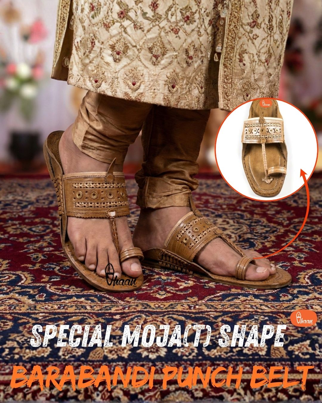 Special Moja T-Shape Broad Kolhapuri Chappal for Men with Barabandi Punch Belt Design by Vhaan Ethnic Craft