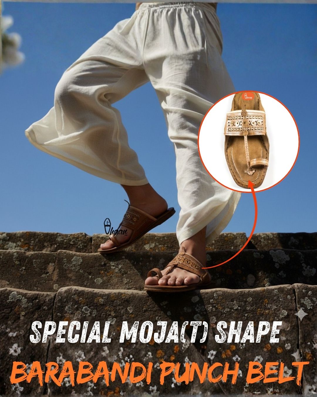 Special Moja T-Shape Broad Kolhapuri Chappal for Men with Barabandi Punch Belt Design by Vhaan Ethnic Craft