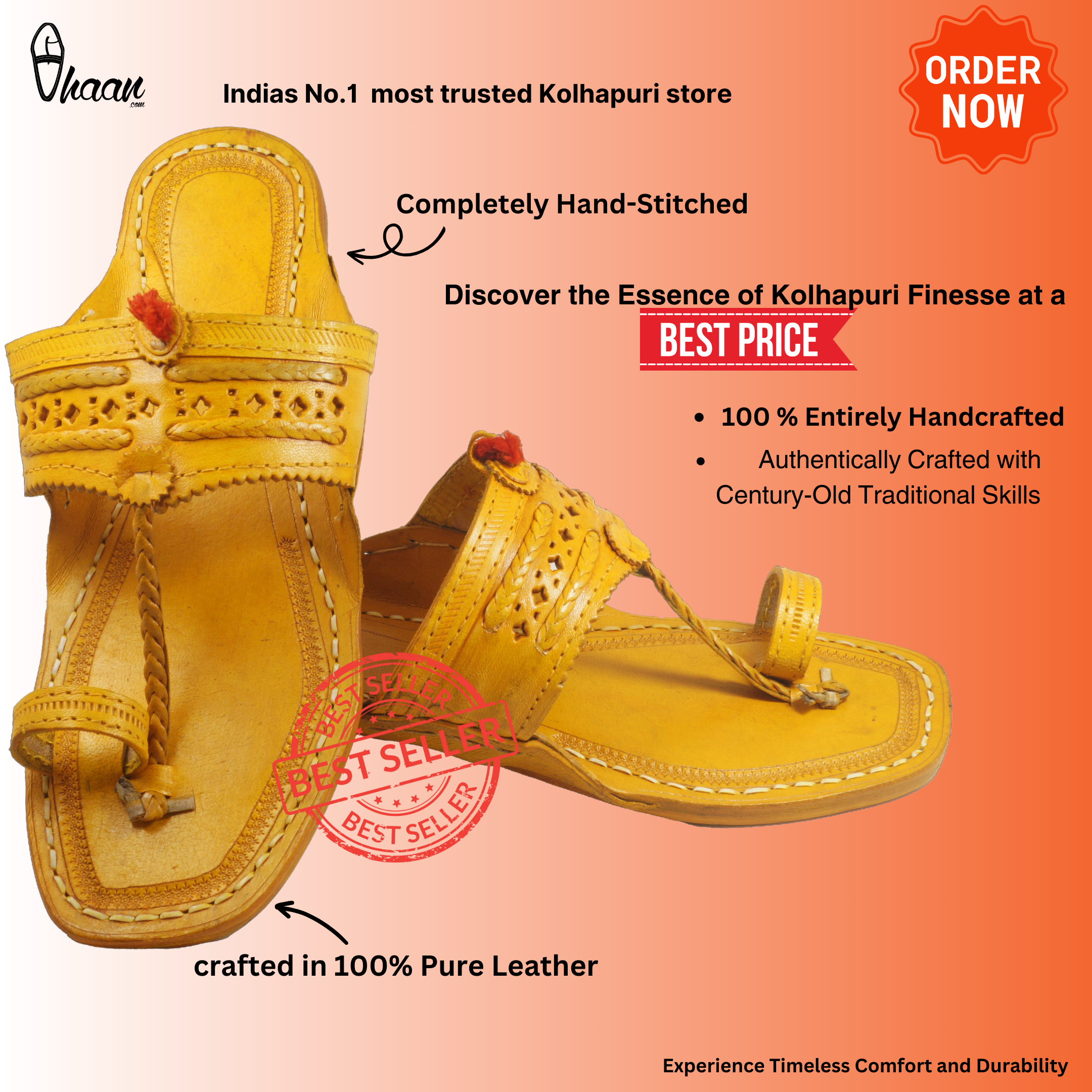 Original Yellow Pure Leather Moja shape Handstitched Kolhapuri Chappal