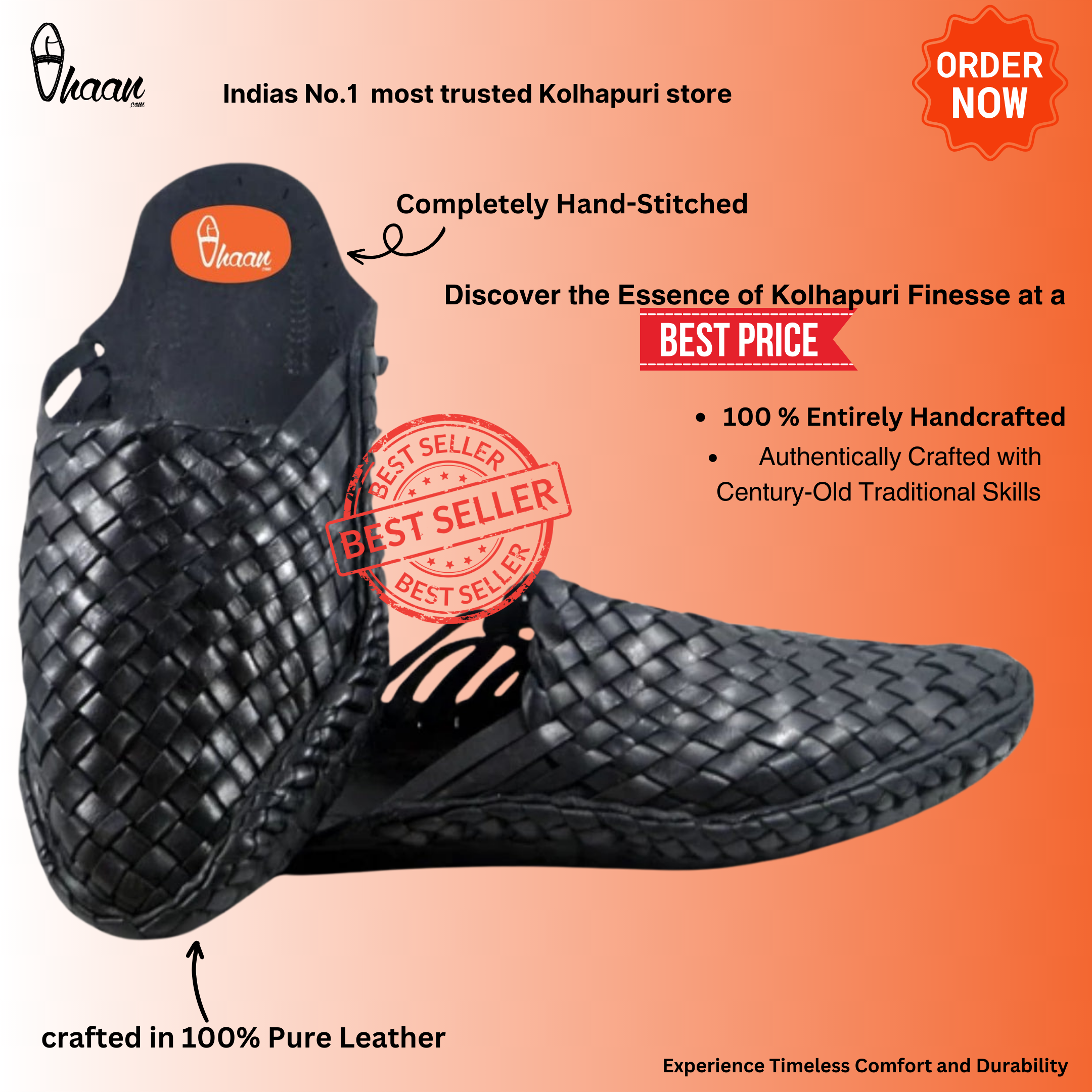 Black Color Handstitched Half Net Slip-on Kolhapuri Chappal For Men