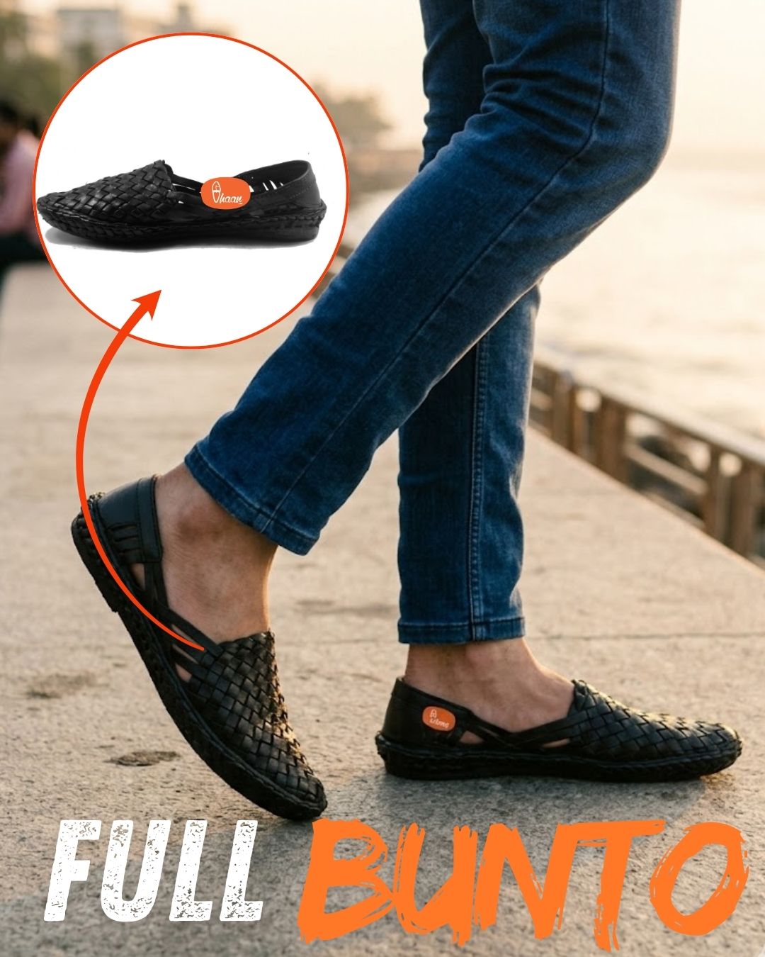 Black Full Bunto Net Shoes for Men, Handcrafted Traditional Leather Footwear by Vhaan Ethnic Craft