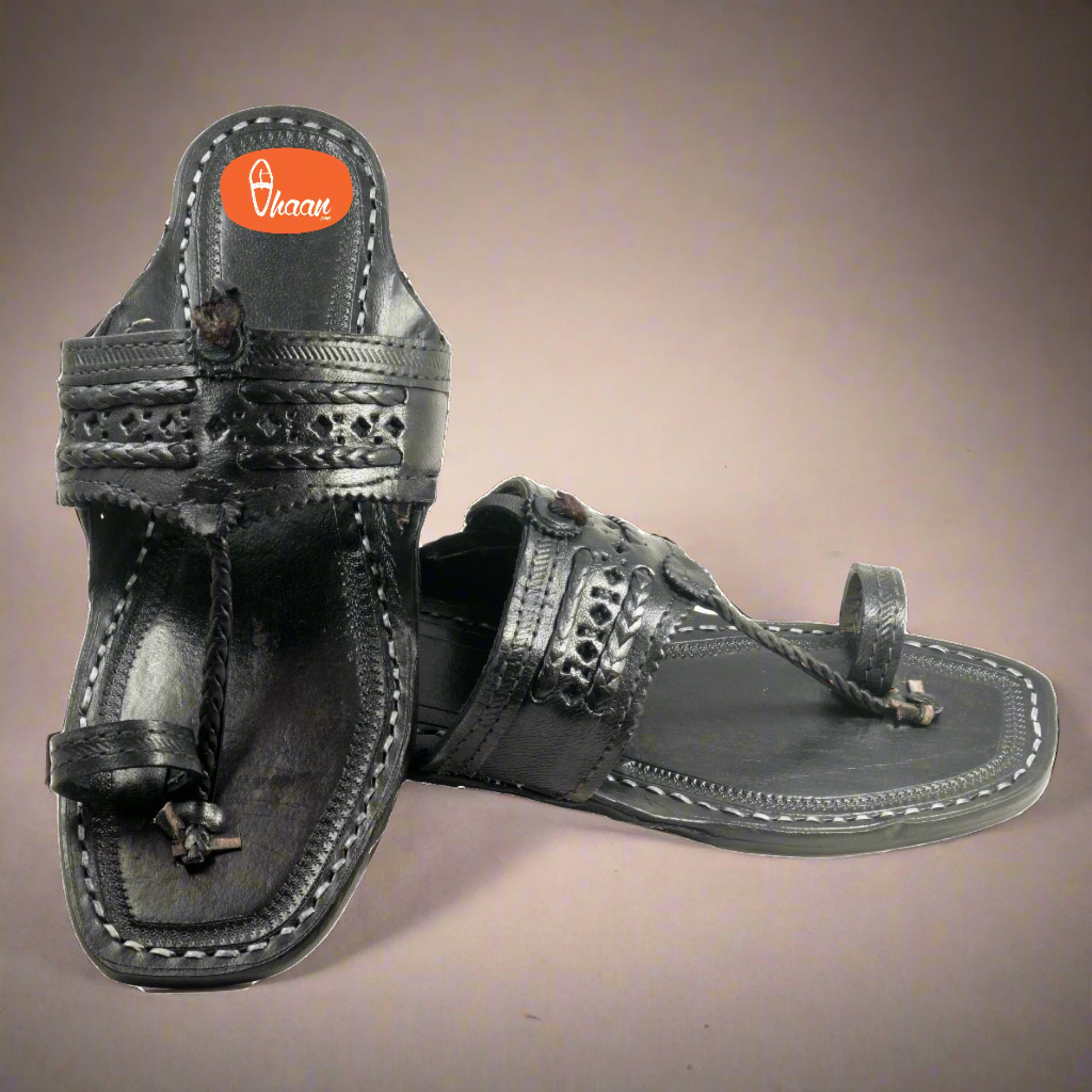 Original Black Pure Leather Moja shape Handstitched Kolhapuri Chappal For Men | Vhaan