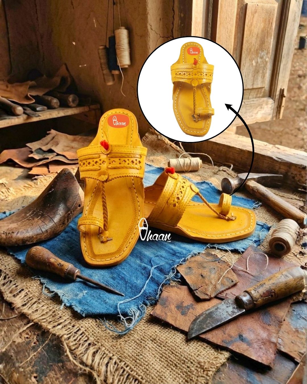 Original Yellow Pure Leather Moja Shape Handstitched Kolhapuri Chappal for Men by Vhaan Ethnic Craft