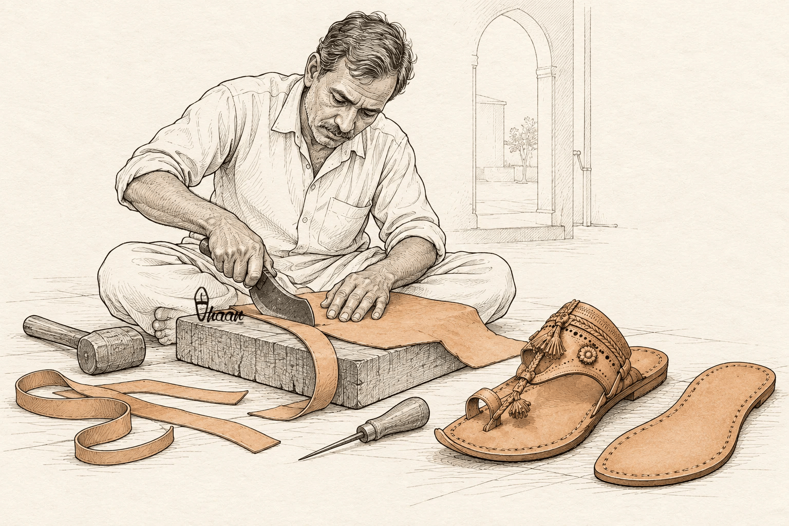 A pale grey factory conveyor produces identical sandals while one handmade tan Kolhapuri pair rests separately on a woven mat.