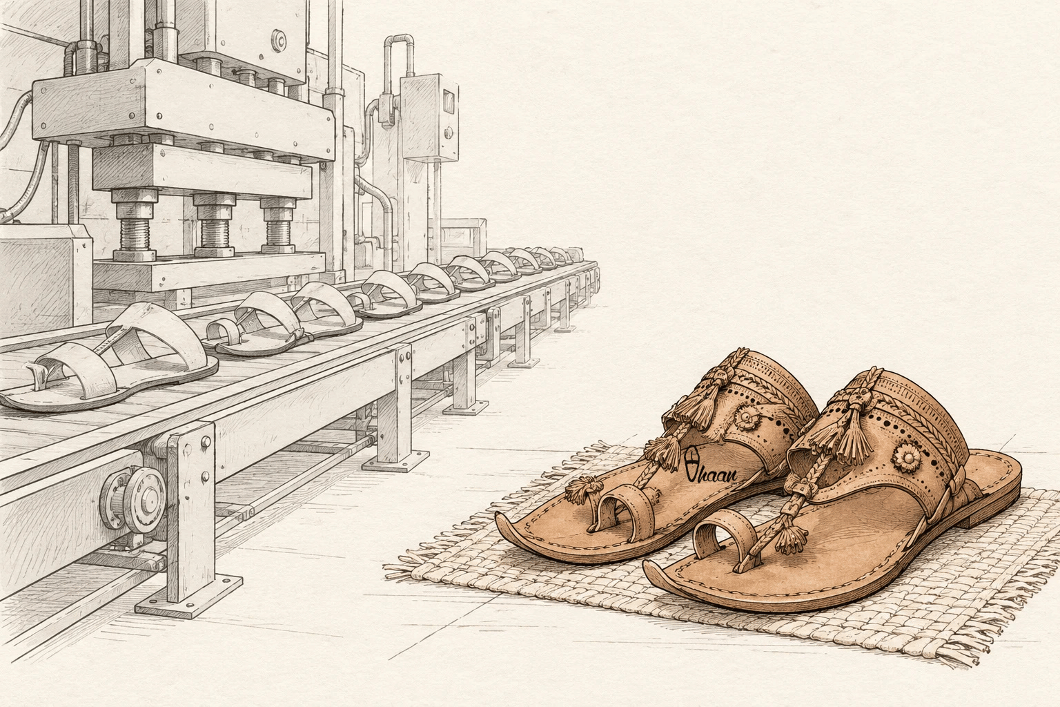 A master artisan sits cross-legged, cutting tan leather on a low wooden block beside hand tools, a finished Kolhapuri chappal and a bare sole.