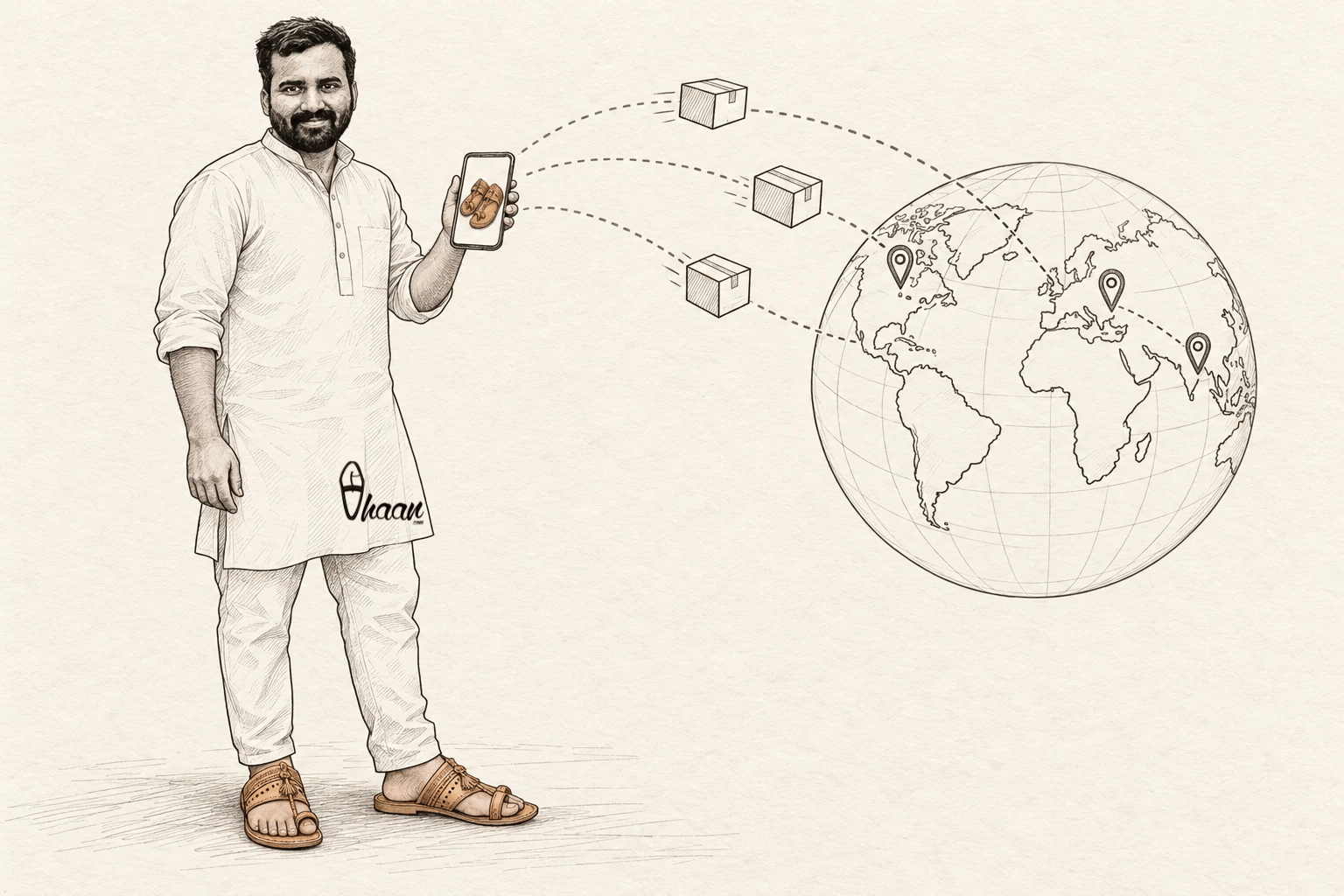 Vhaan founder Bhushan Kamble, wearing a kurta and tan Kolhapuri chappals, holds a phone as parcels follow dotted routes towards a globe.