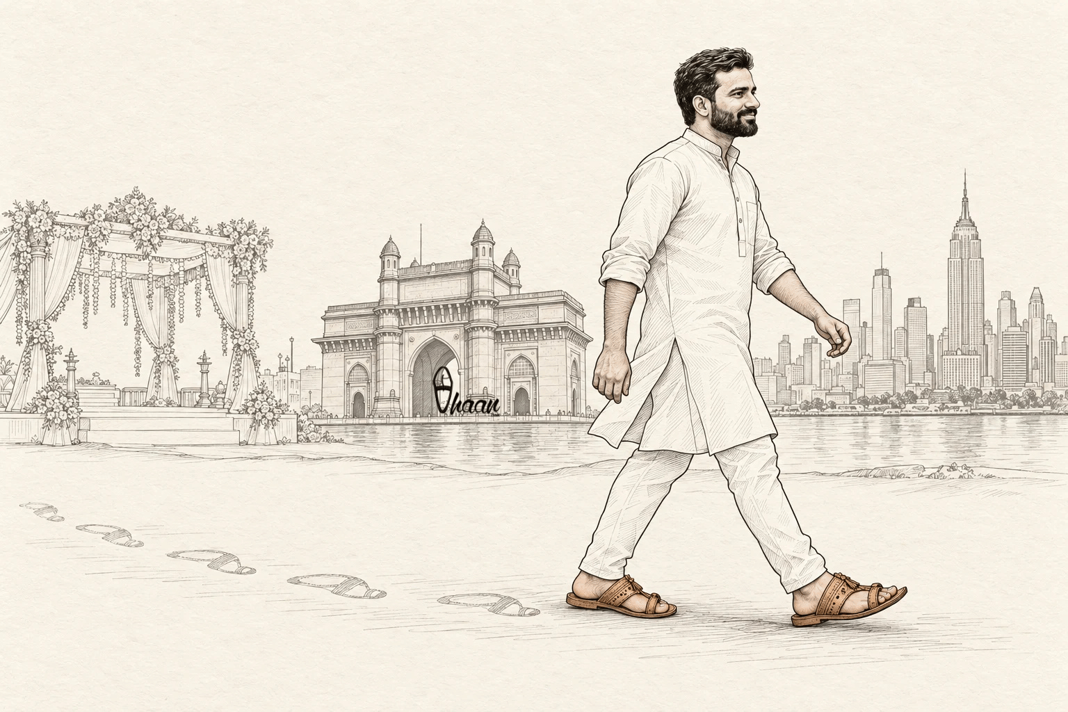 A man in a kurta walks right in tan Kolhapuri chappals, with footprints behind him and a continuous horizon of a wedding mandap, the Gateway of India and New York.