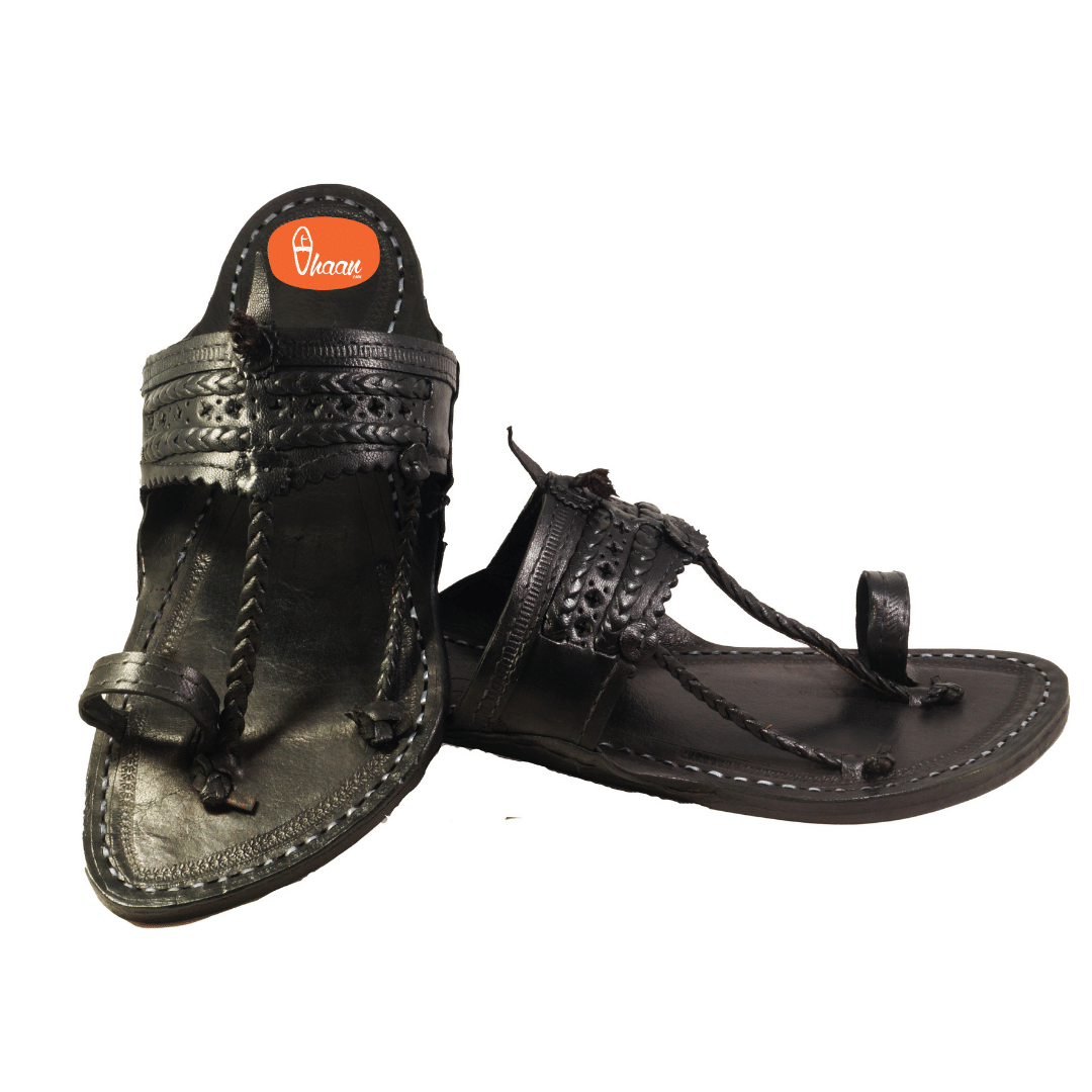 Black authentic Kapashi kolhapuri chappal for men | Shop Vhaan