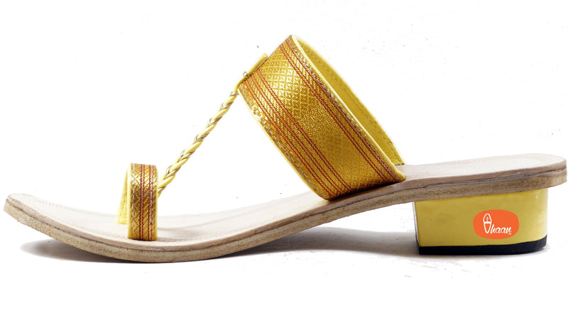 Yellow Paithani kolhapuri chappal with heels