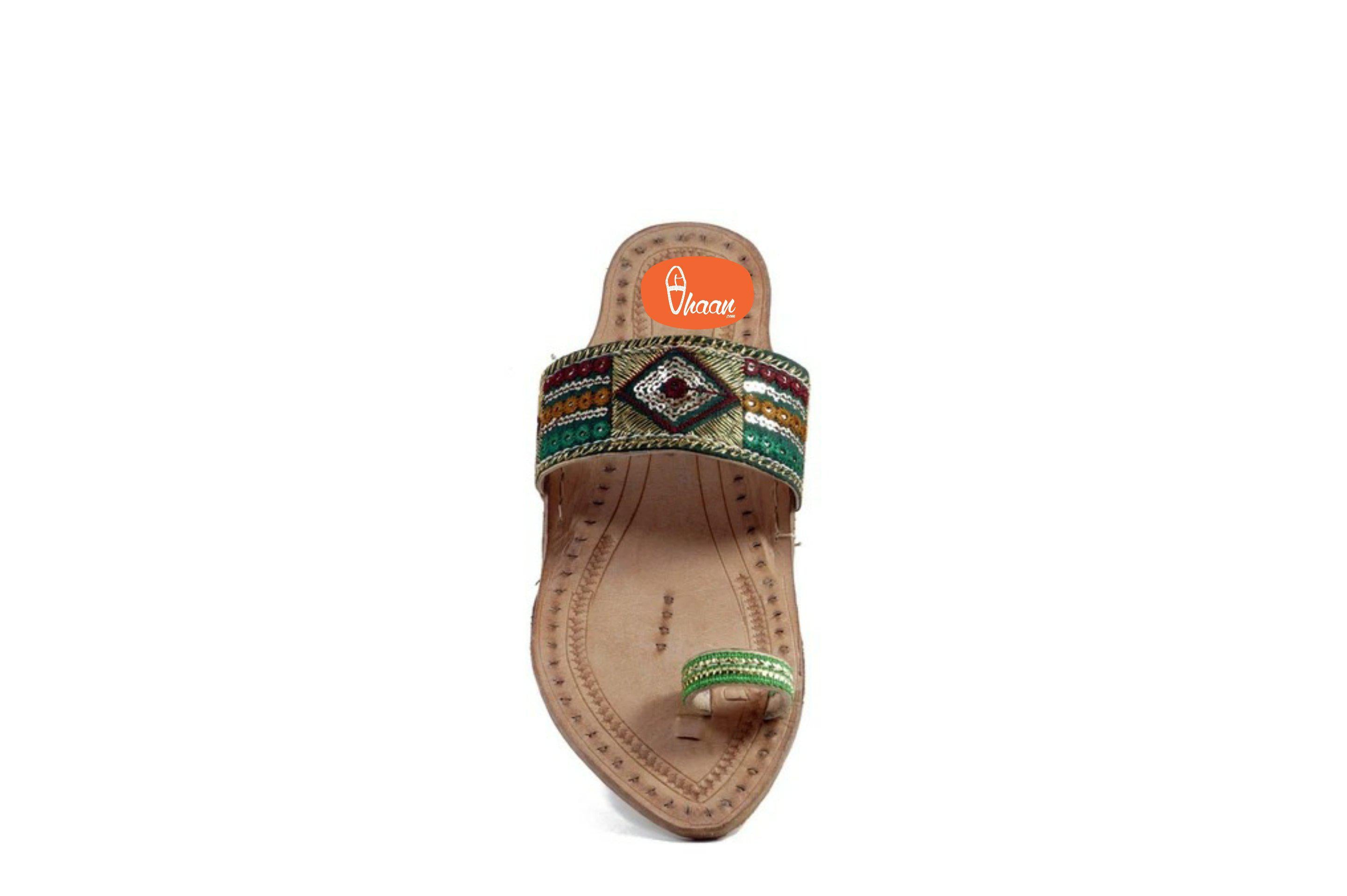 Kolhapuri chappal for ladies embroidered with Emerald
