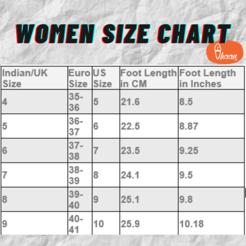 Women's footwear size chart - Vhaan